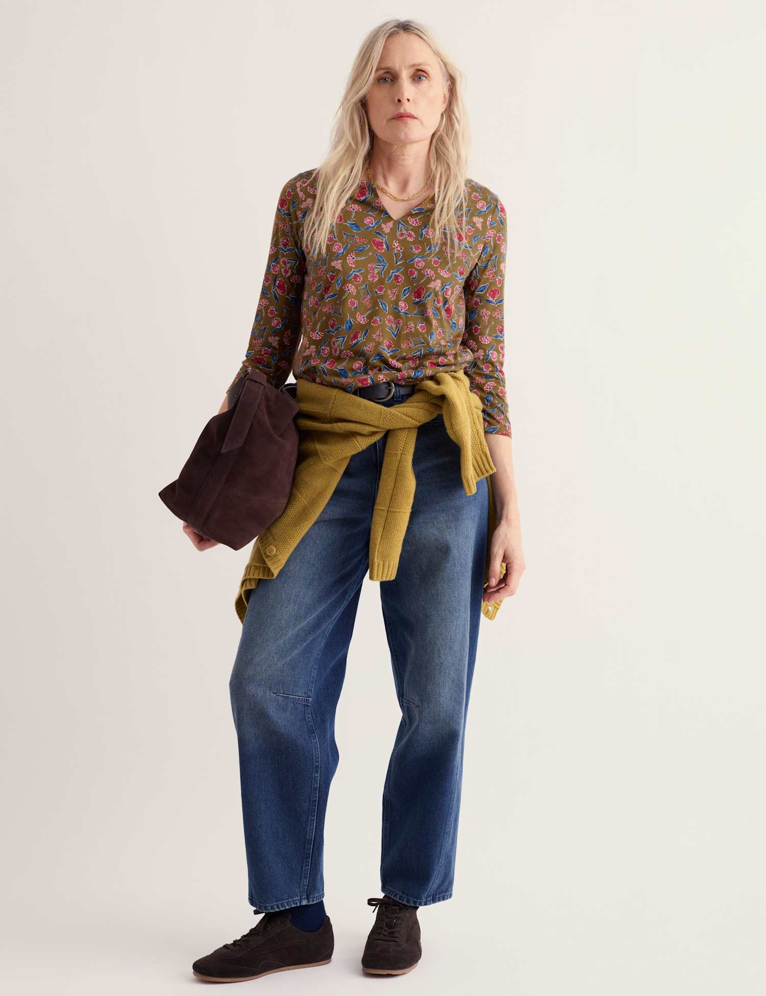 Seasalt Cornwall Cotton Blend Floral Notch Neck Top Brown Mix