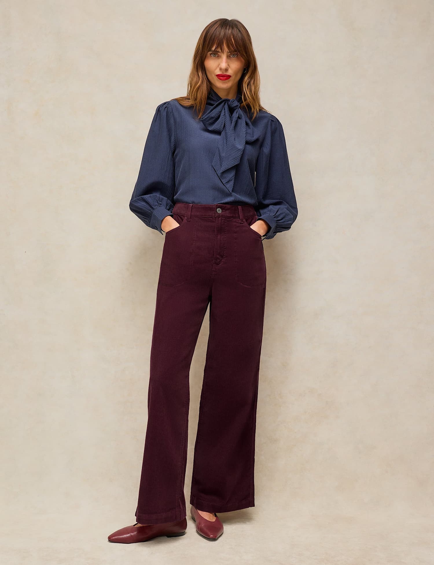 White Stuff Tia Cord Zip Detail Wide Leg Trousers Plum
