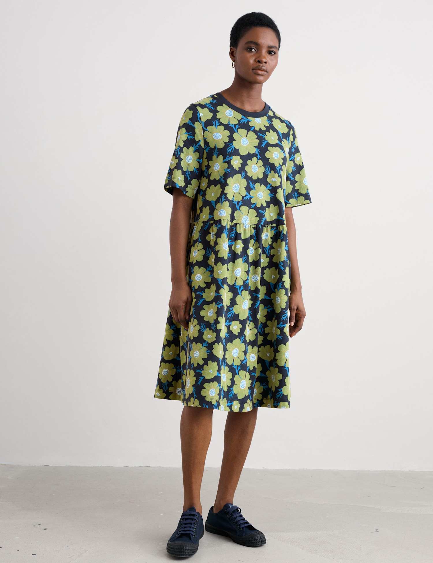 Seasalt Cornwall Pure Cotton Floral Knee Length T-Shirt Dress Green Mix