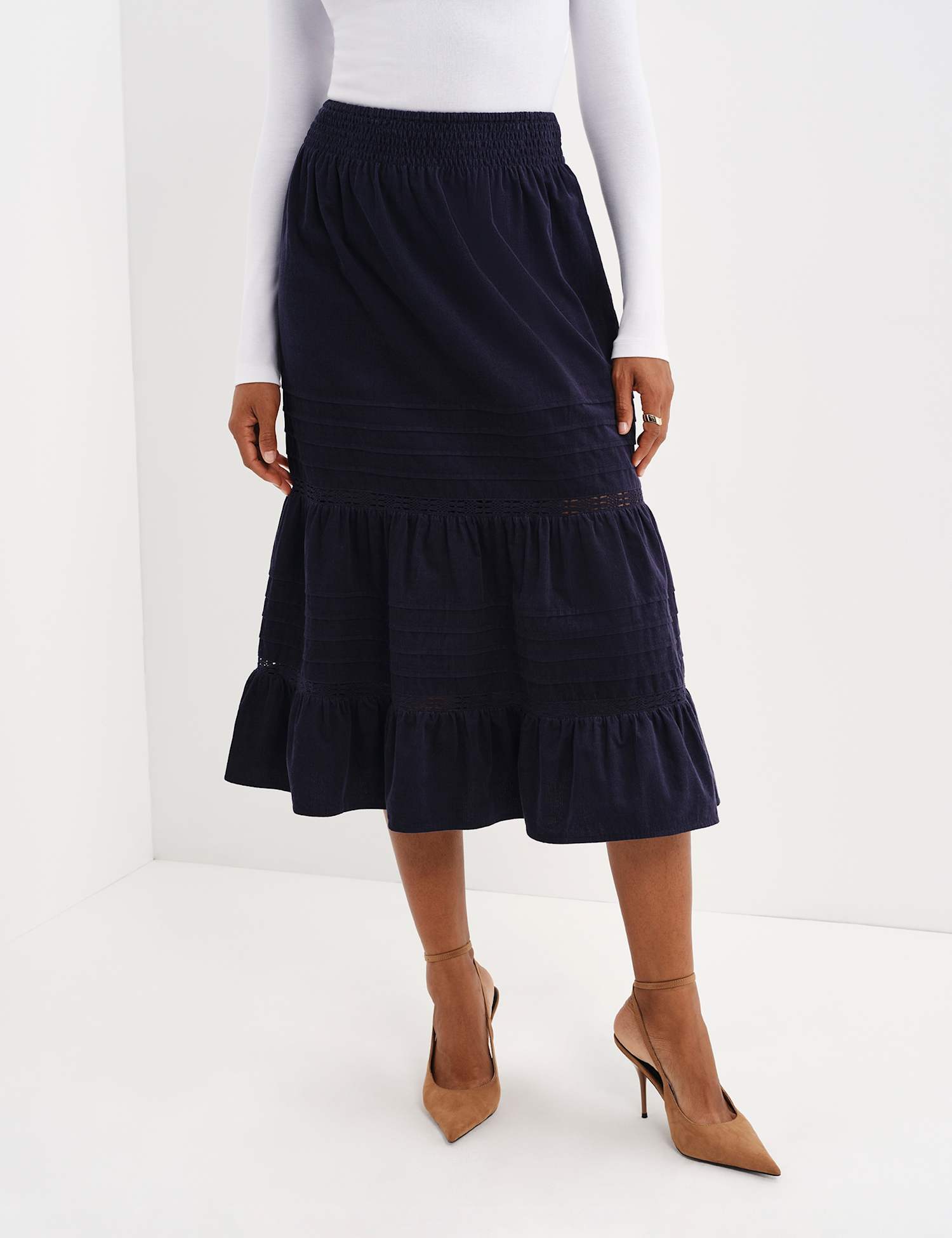 Finery London Cord Lace Detail Midi Tiered Skirt Navy