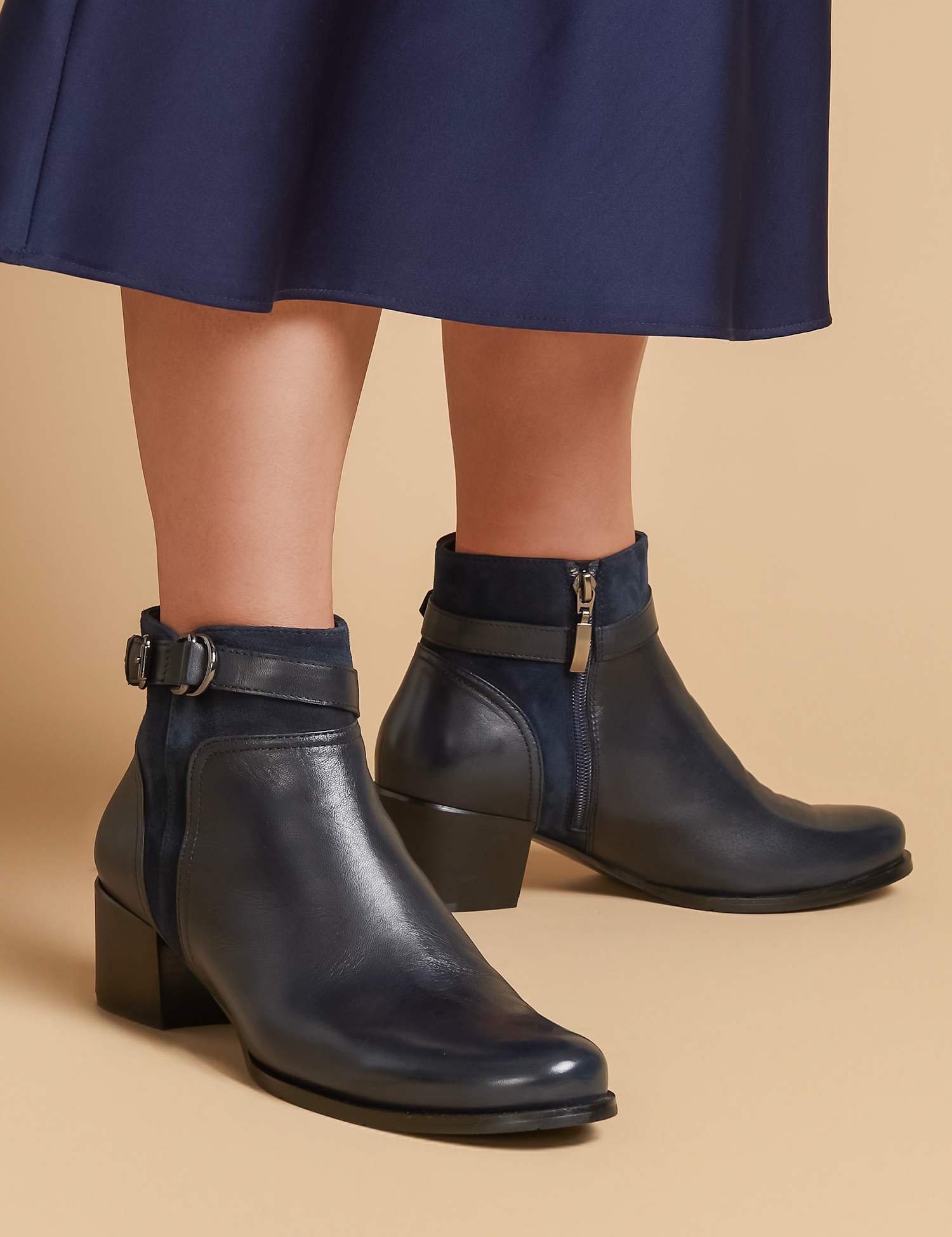 Jones Bootmaker Leather Block Heel Ankle Boots Navy