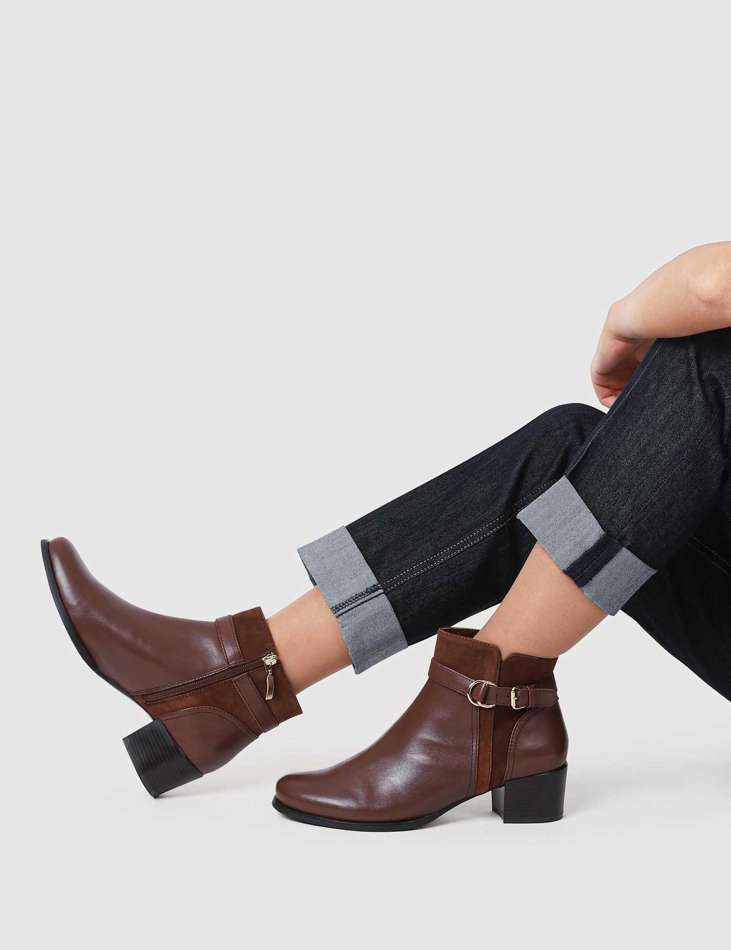 Jones Bootmaker Leather Block Heel Ankle Boots Brown