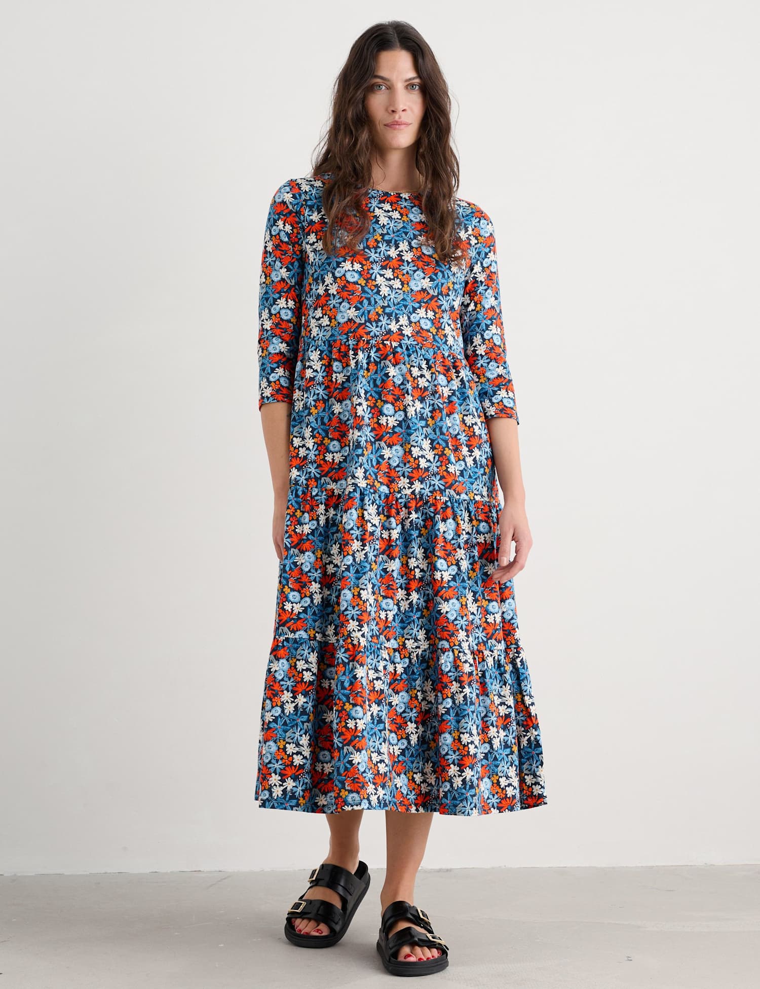 Seasalt Cornwall Pure Cotton Floral Midaxi Tiered Dress Blue Mix