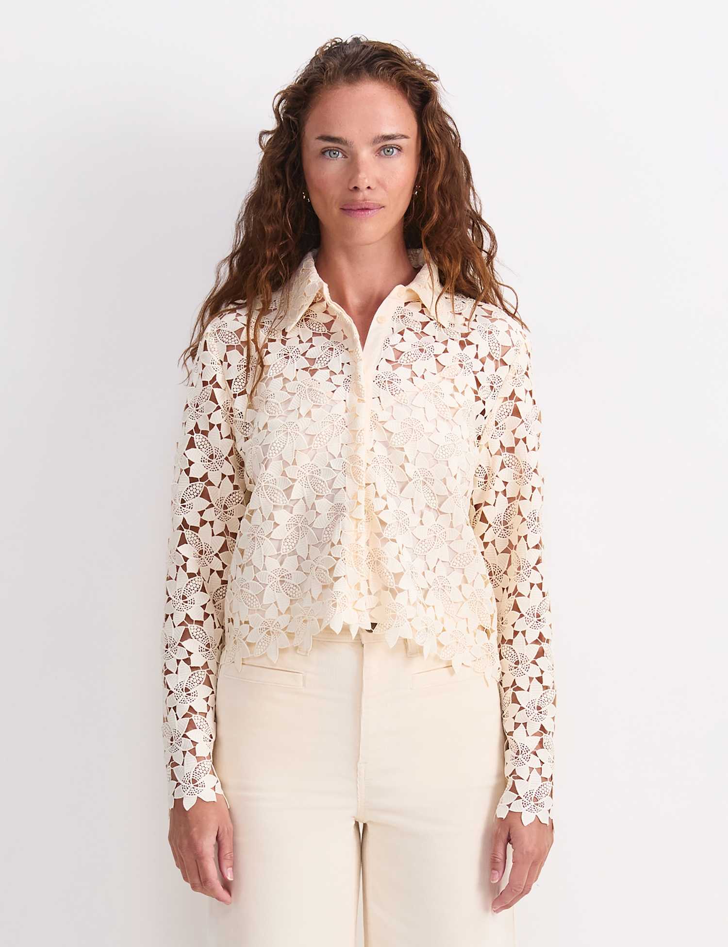 Sportscraft Floral Lace Button Through Relaxed Blouse Cream