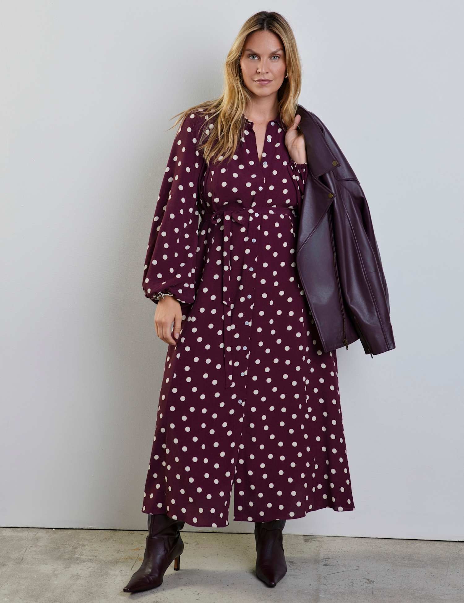 Live Unlimited London Polka Dot Tie Waist Midaxi Shirt Dress Burgundy