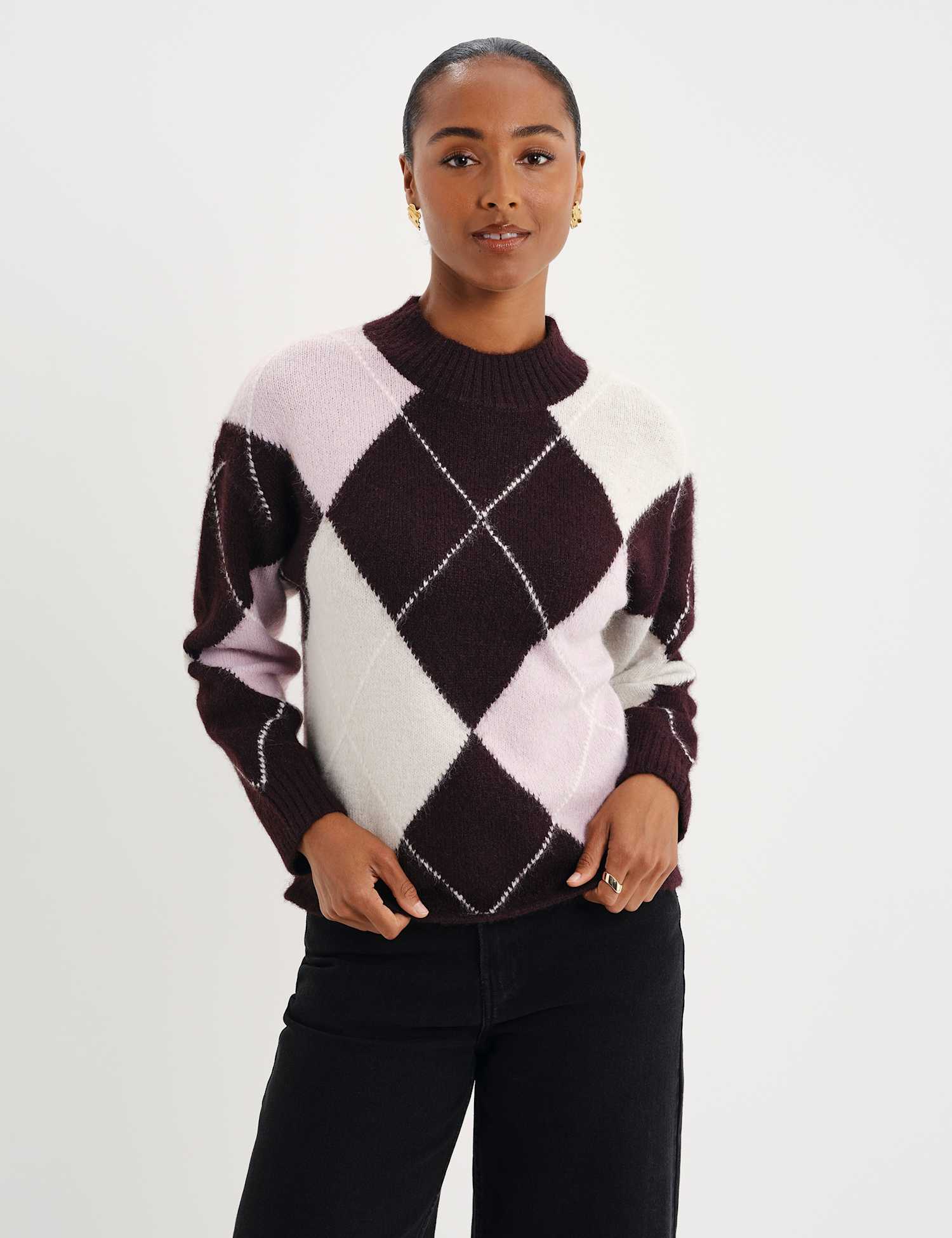 Finery London Argyle Funnel Neck Jumper with Wool Purple Mix
