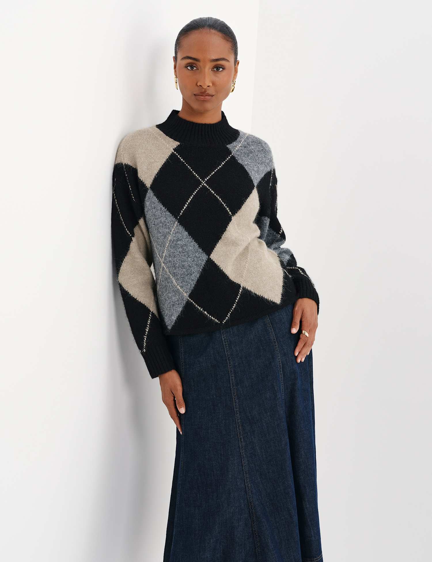 Finery London Argyle Funnel Neck Jumper with Wool Black Mix