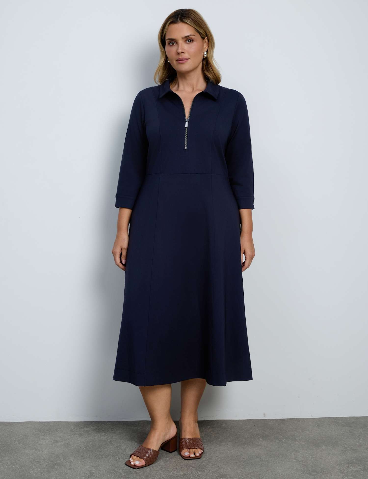 Live Unlimited London Jersey Zip Neck Midi Skater Dress Navy