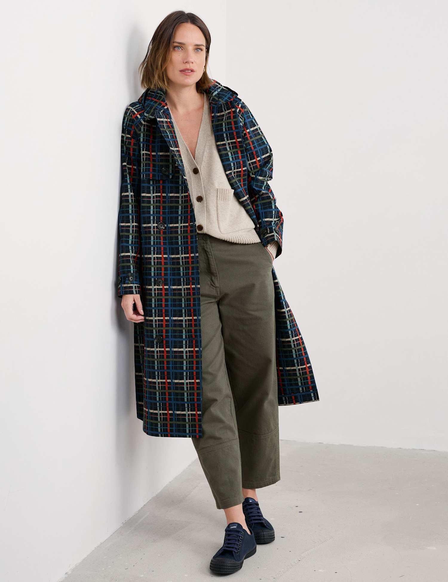 Seasalt Cornwall Waterproof Checked Double Breasted Trench Coat Navy Mix