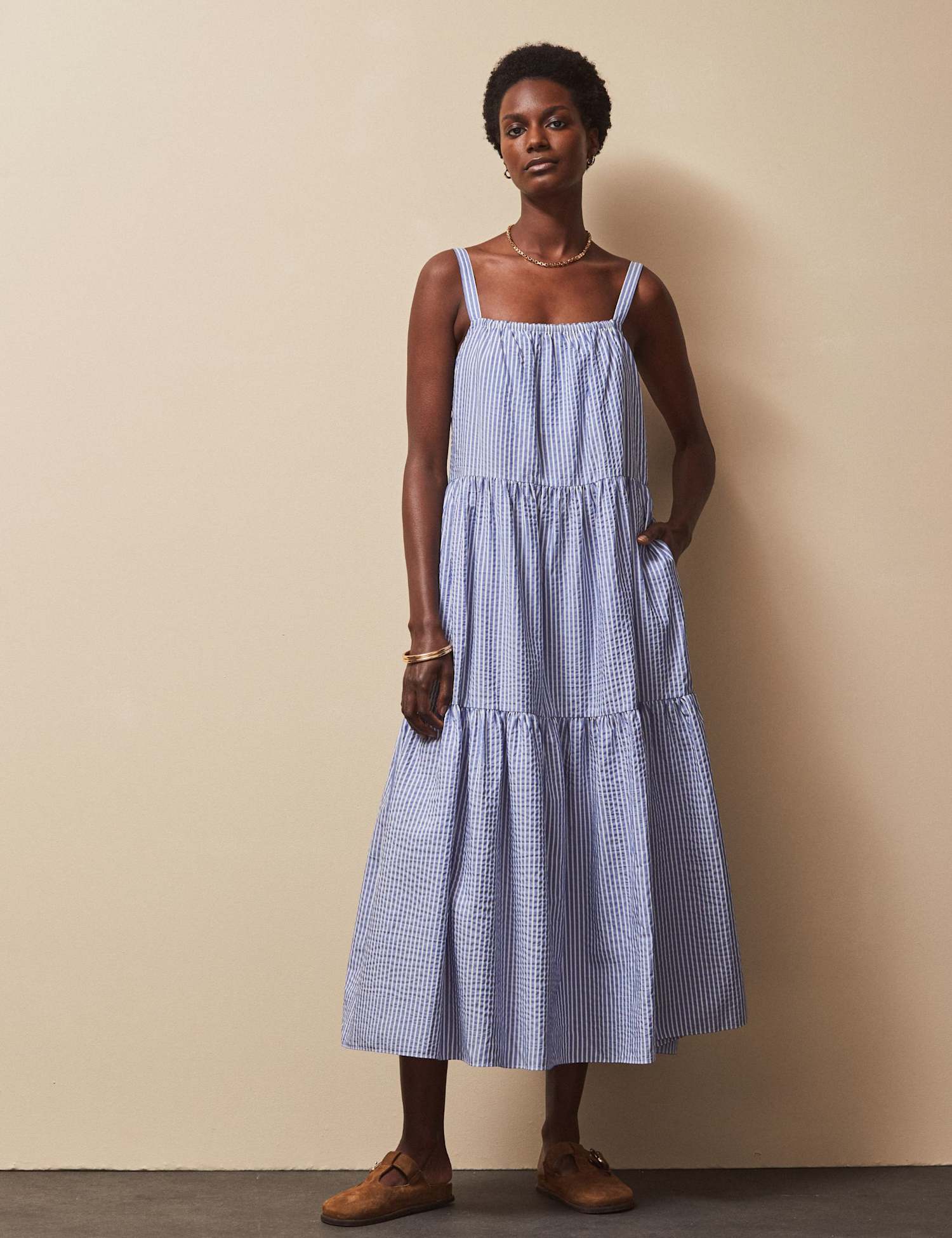 RO&ZO Striped Square Neck Maxi Tiered Dress Light Blue Mix