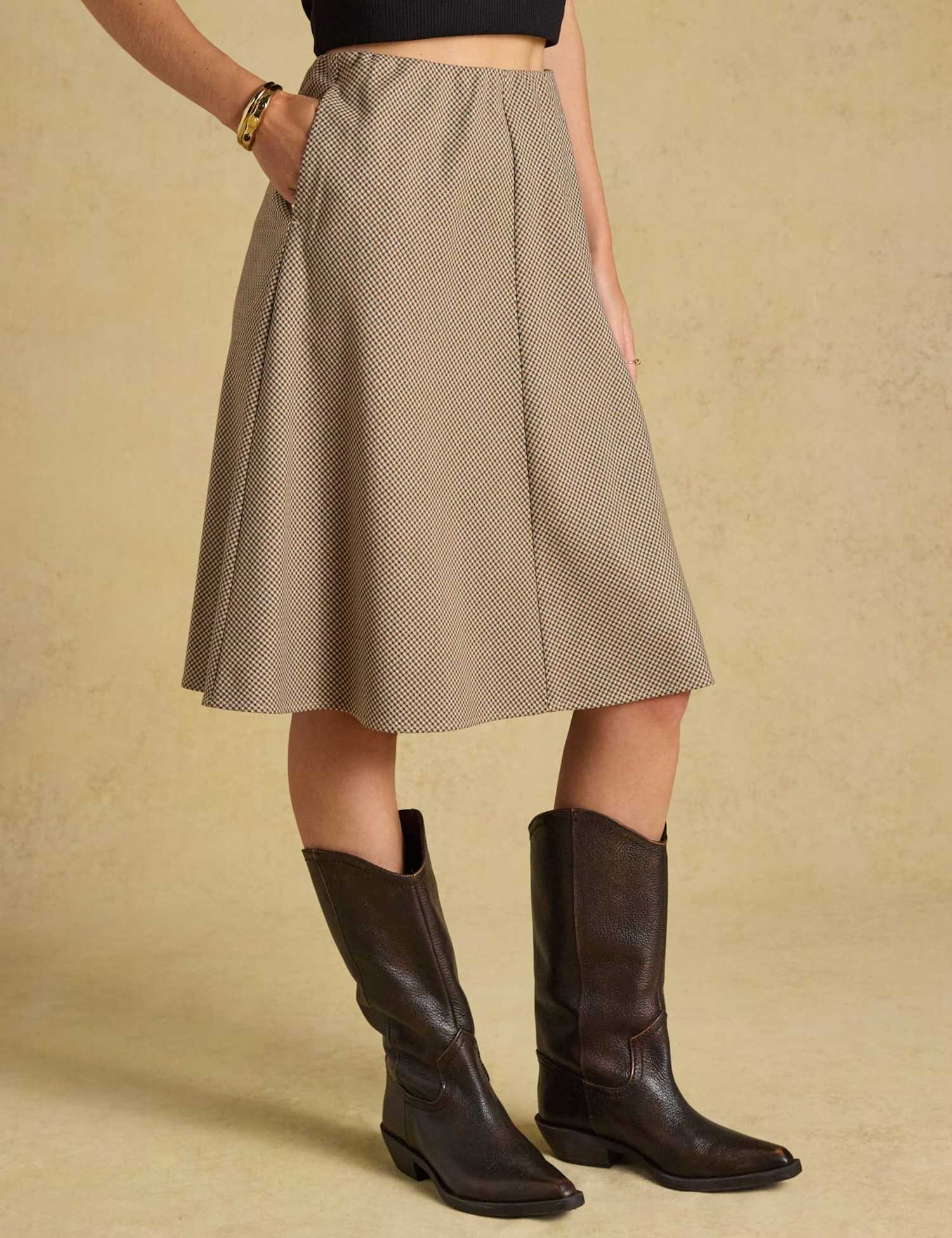 Joules Houndstooth Knee Length A Line Skirt Brown Mix