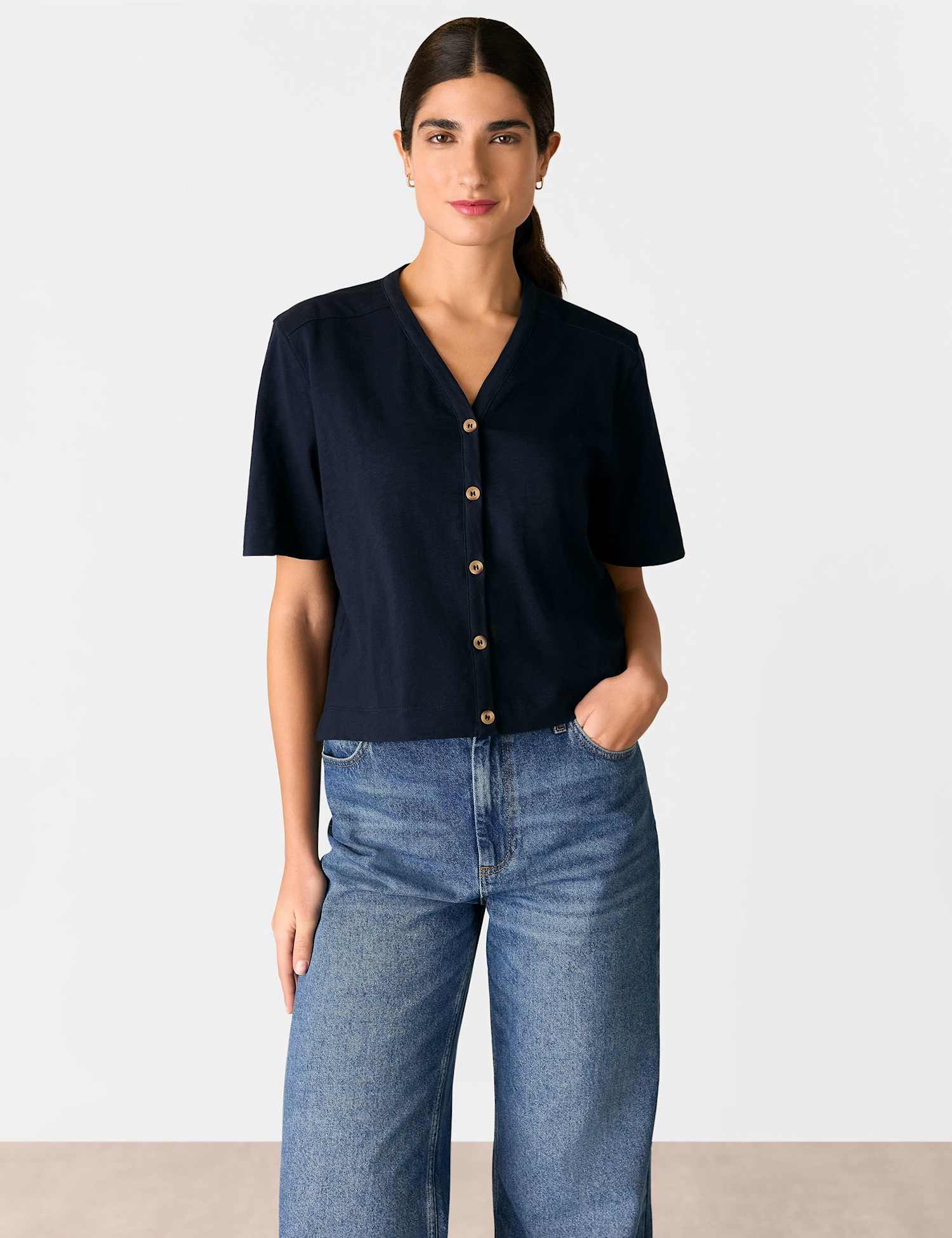Whistles Pure Cotton V-Neck Button Through T-Shirt Navy
