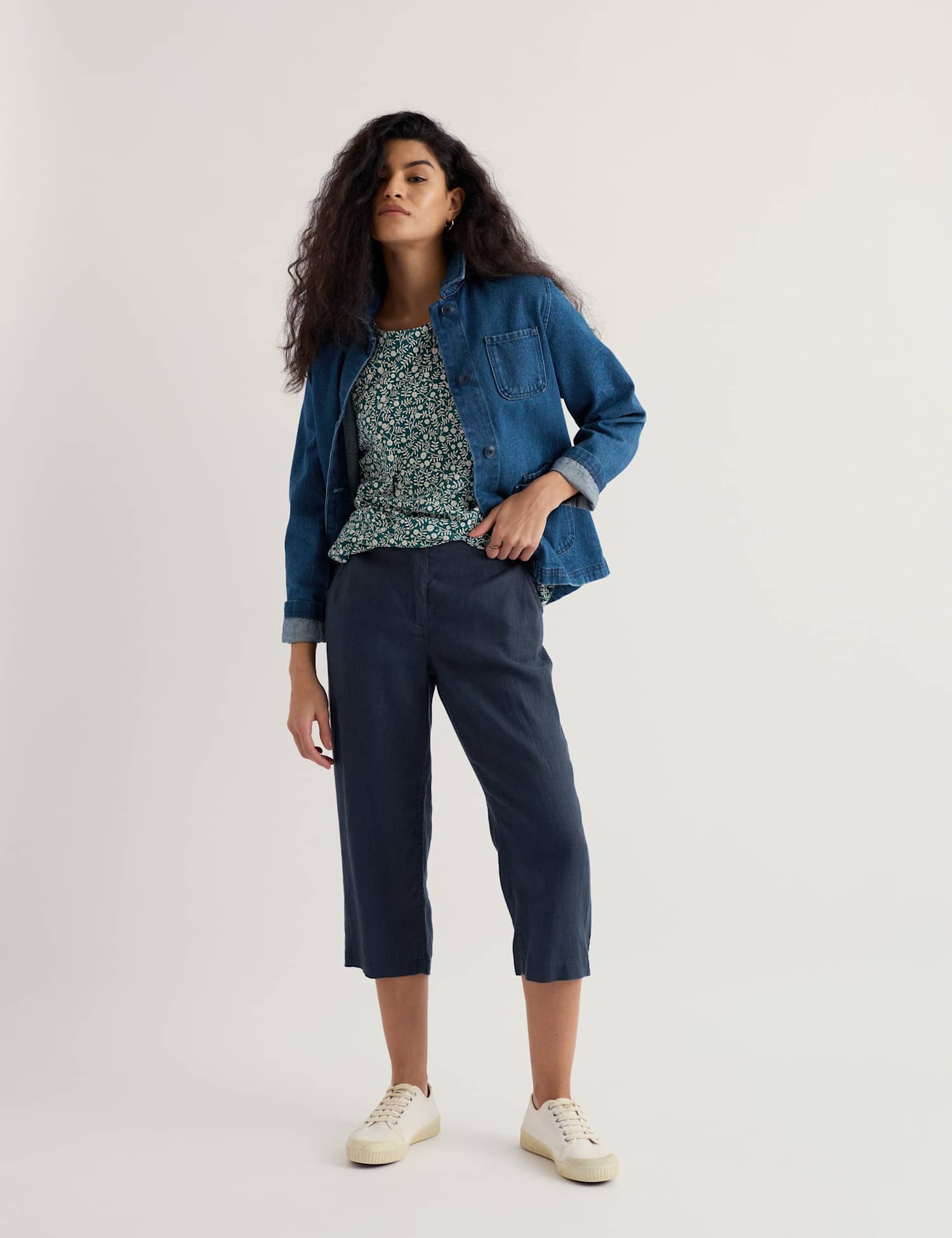 Seasalt Cornwall Pure Linen Straight Leg Cropped Trousers Navy