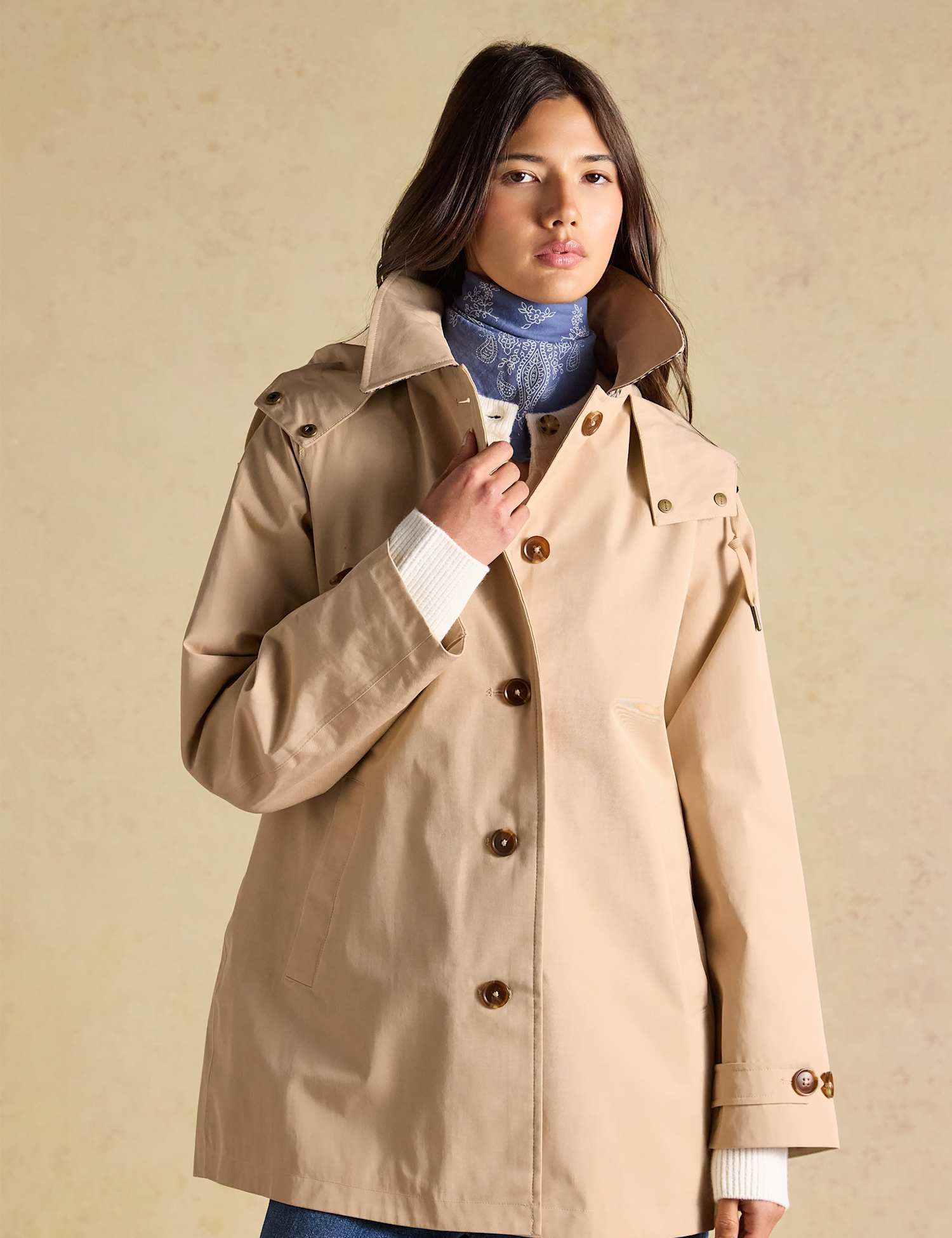 Joules Cotton Rich Waterproof Hooded Raincoat Natural Mix