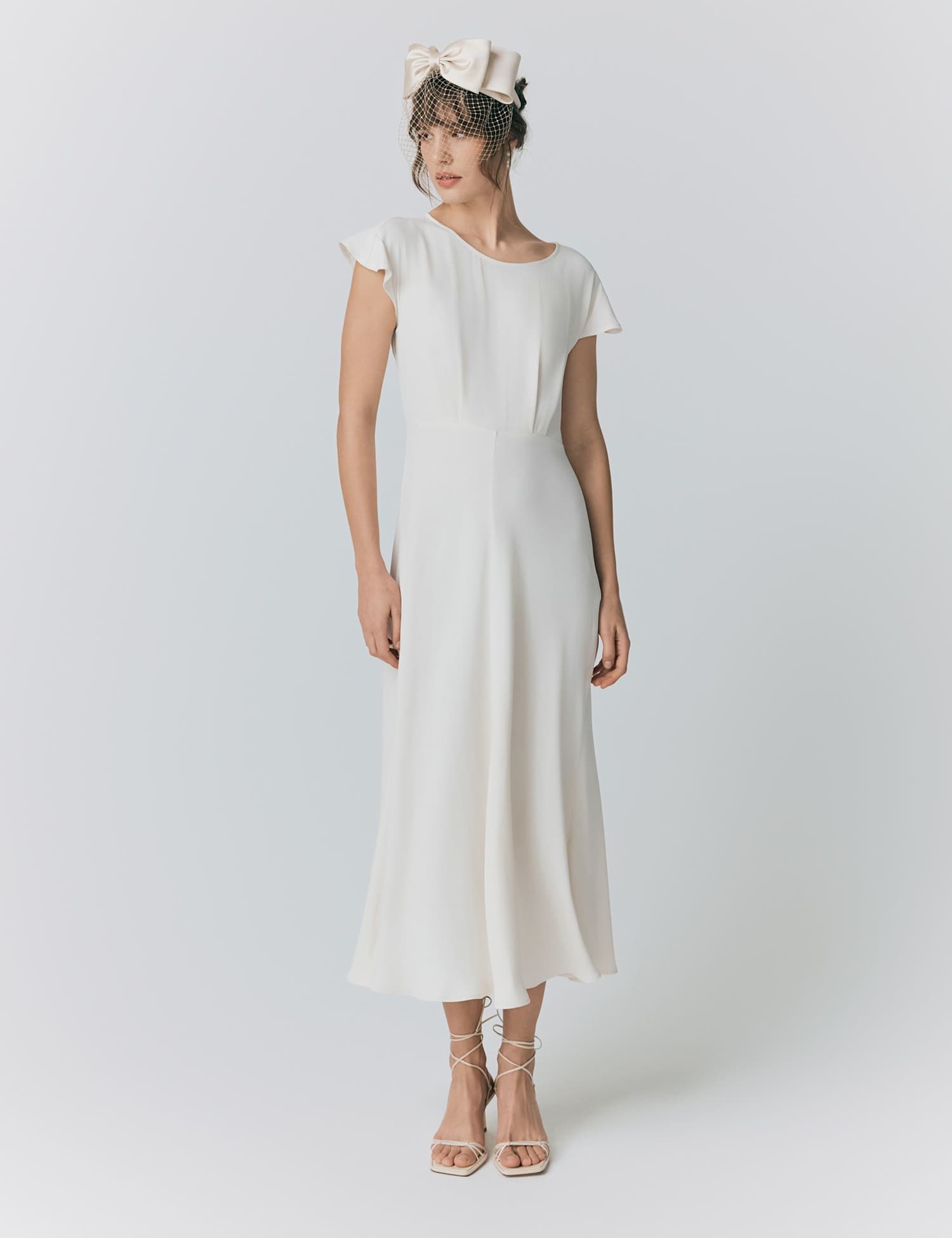 Ghost Crepe Round Neck Midi Skater Dress Natural