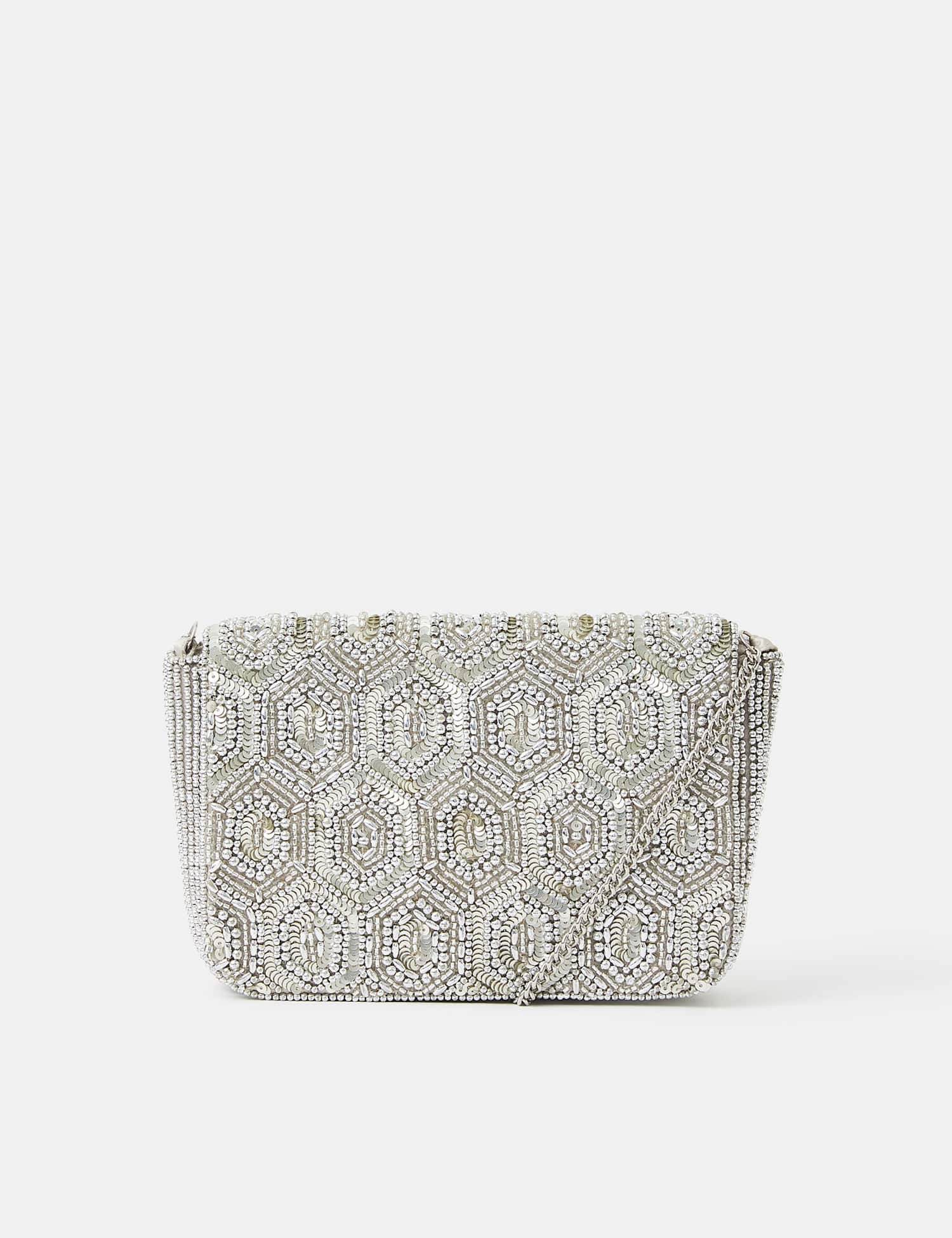 ACCESSORIZE Geometric Beaded Chain Strap Clutch Bag Silver