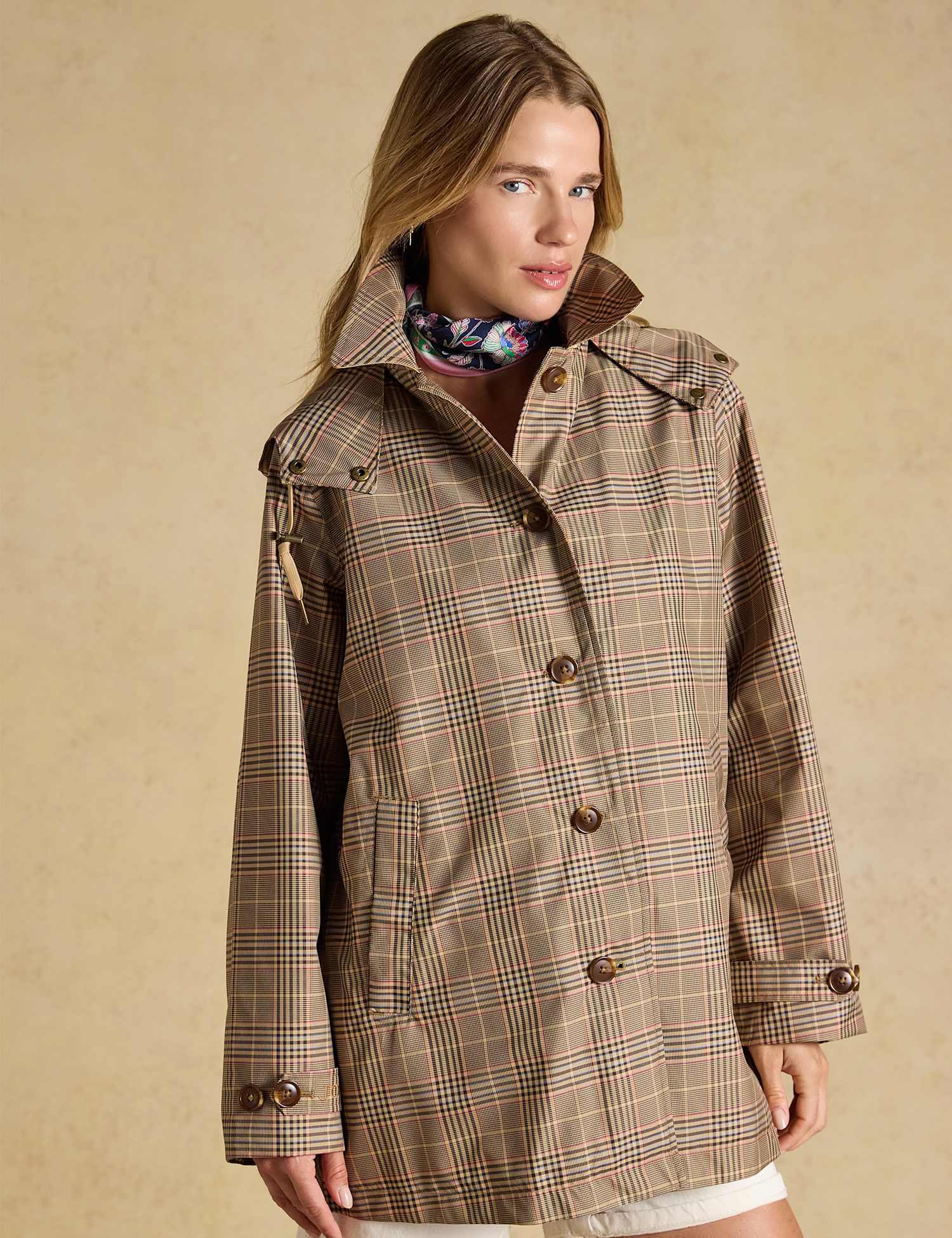 Joules Waterproof Checked Hooded Raincoat Brown Mix