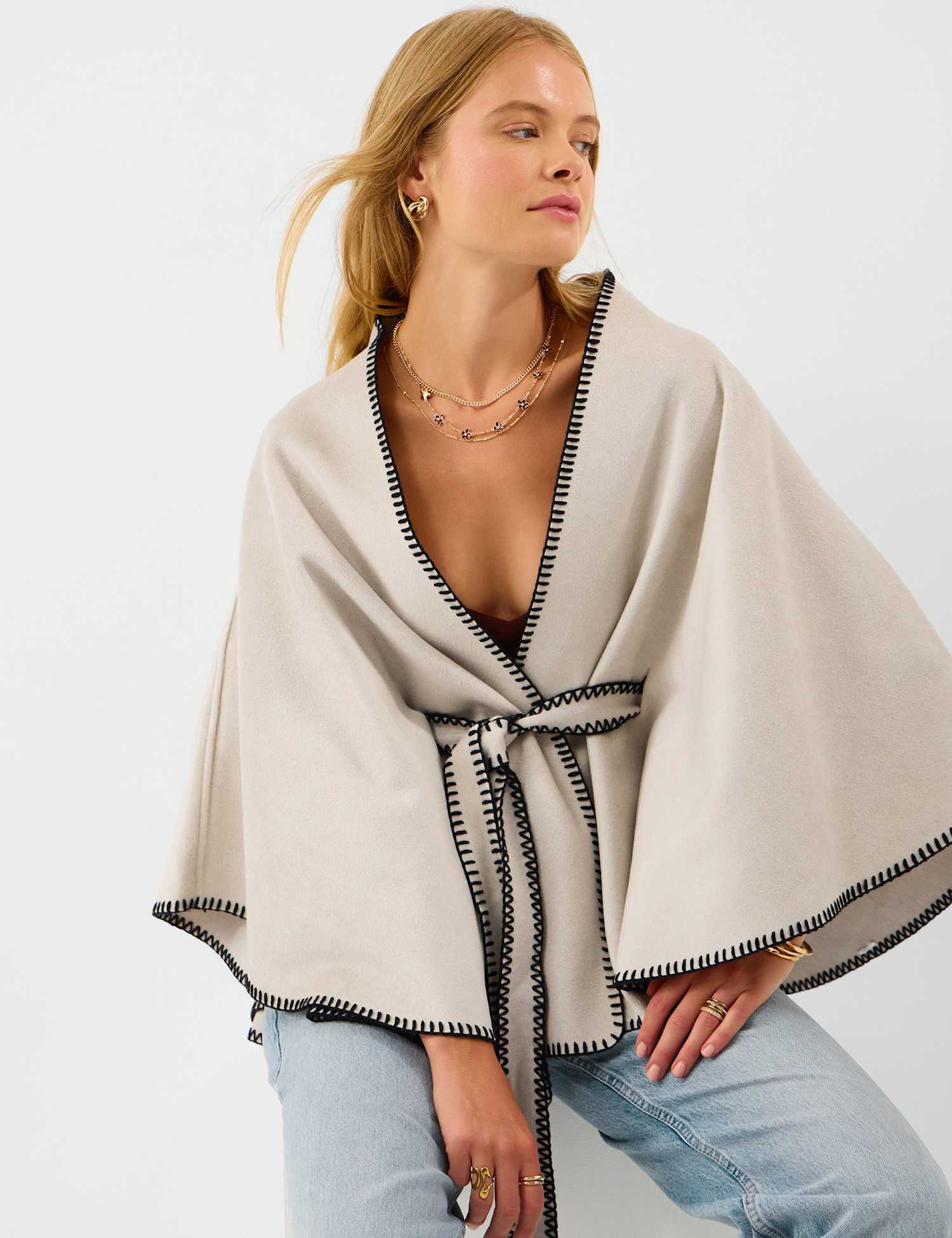 ACCESSORIZE Contrast Trim Belted Poncho Cream