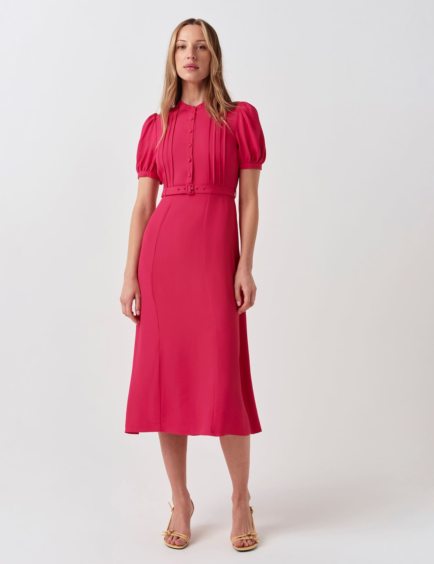 Ghost Crepe Round Neck Midi Waisted Tea Dress Bright Pink