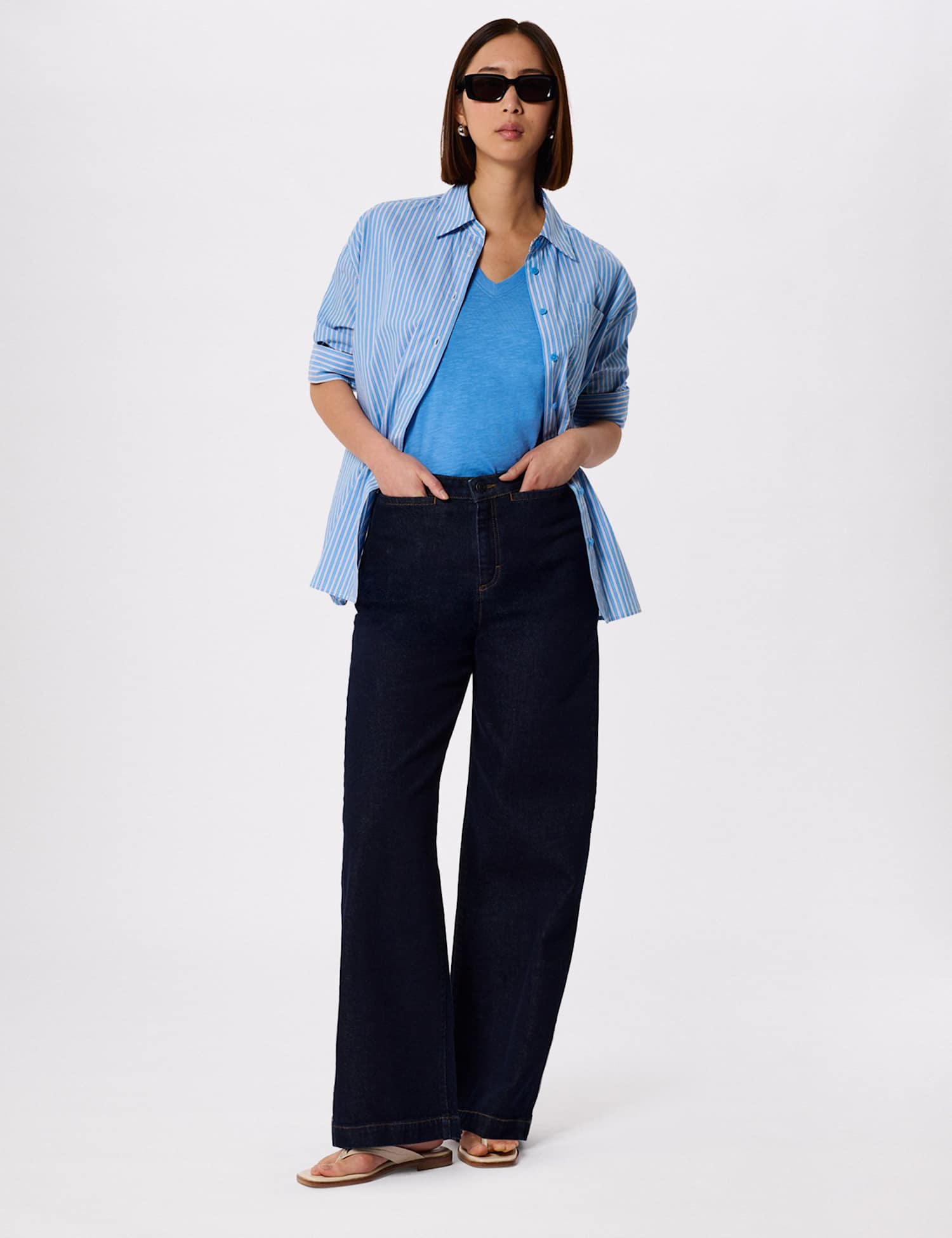 Whistles Willa Pure Cotton V-Neck T-Shirt Blue