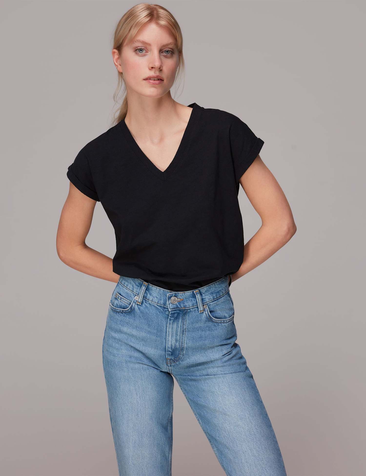 Whistles Willa Pure Cotton V-Neck T-Shirt Black