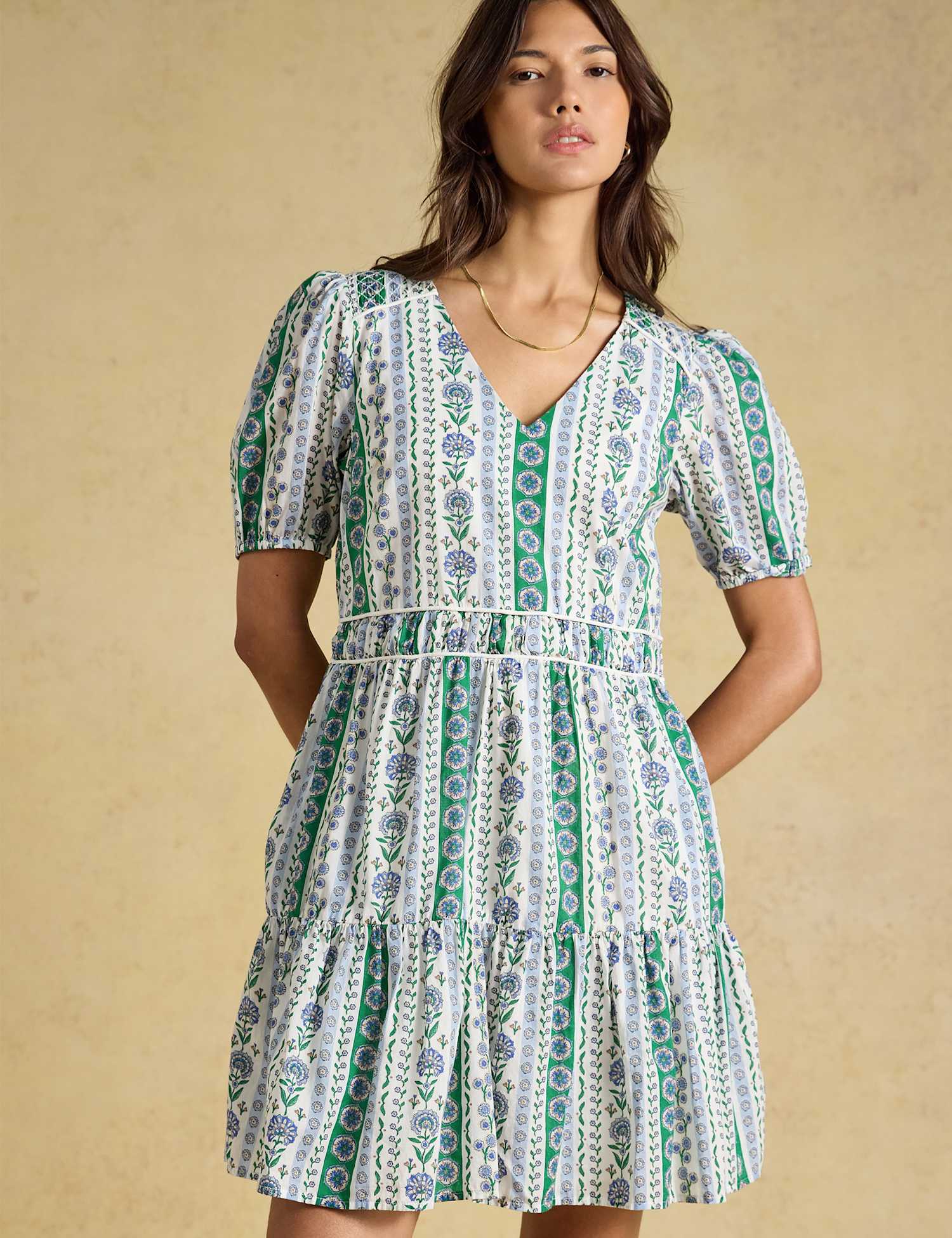 Joules Pure Cotton Floral V-Neck Mini Tiered Dress Blue Mix