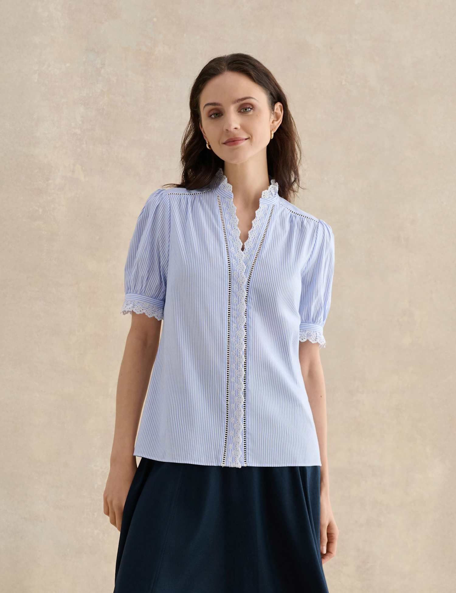 HOBBS Cotton Blend Striped Broderie Detail Blouse Blue Mix