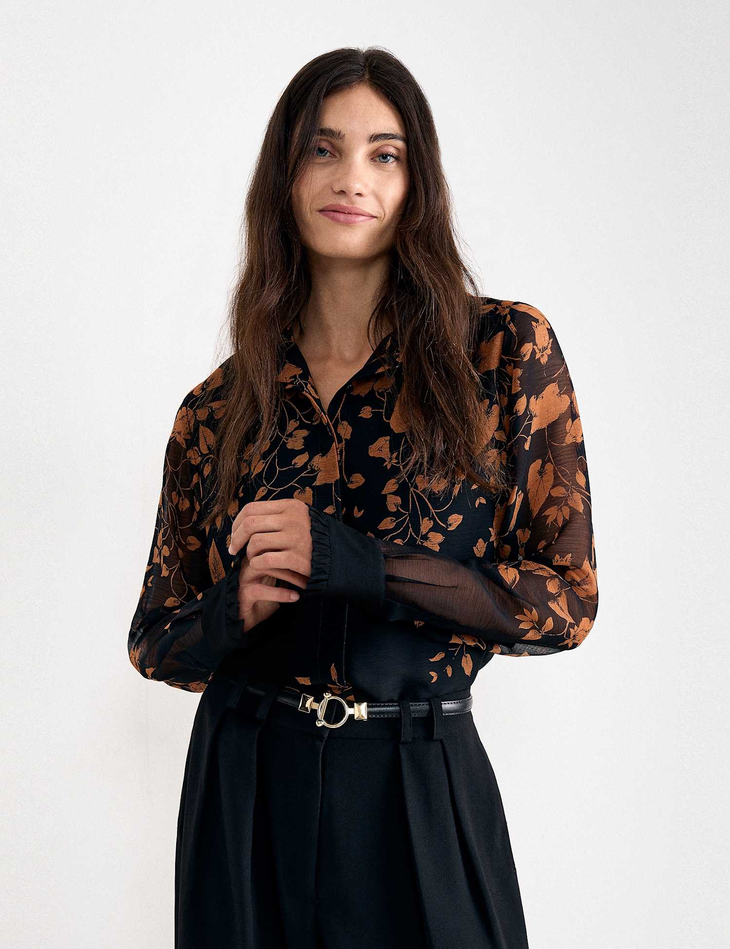 Phase Eight Floral Collared Frill Sleeve Shirt Black Mix