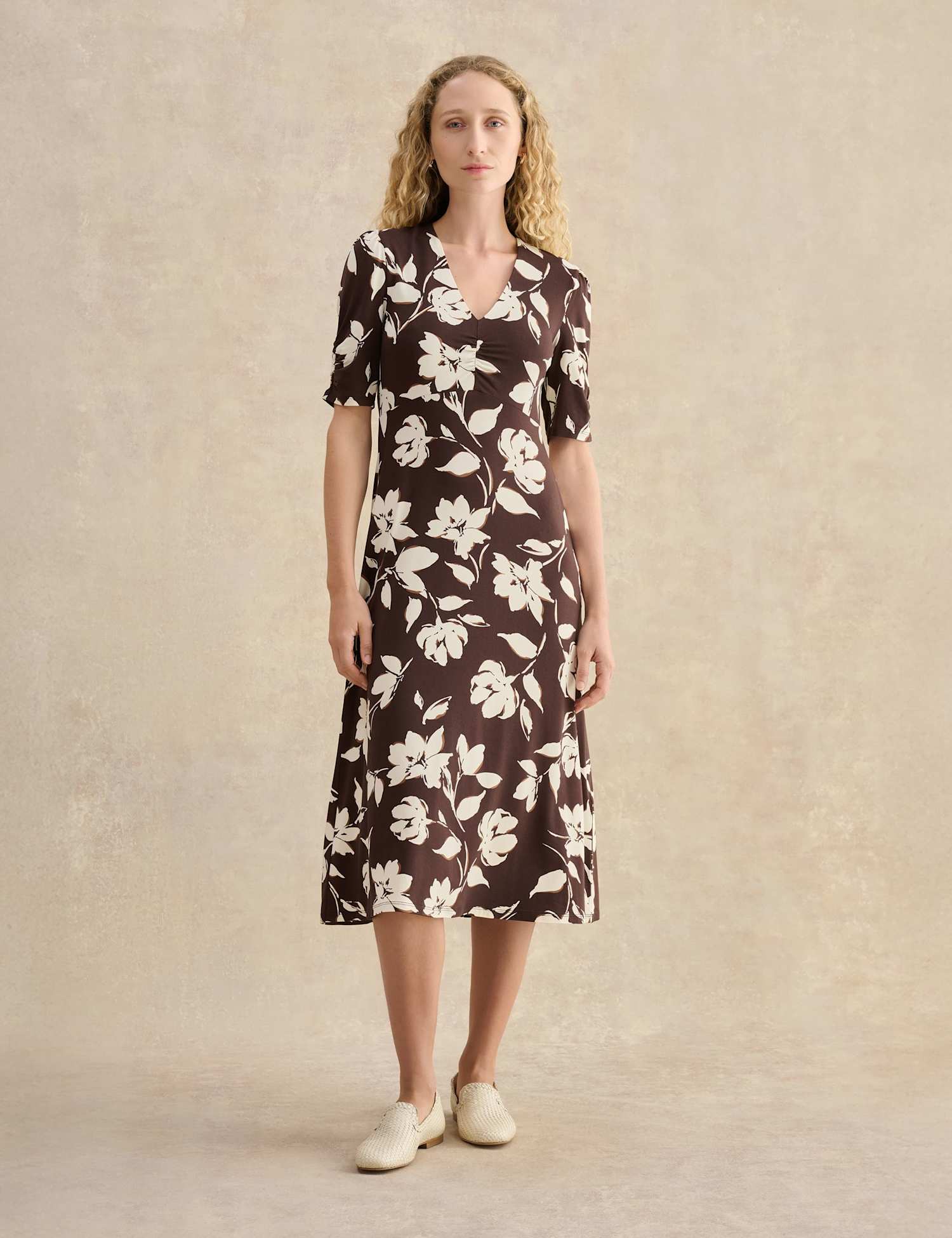 HOBBS Jersey Floral V-Neck Skater Dress Brown Mix