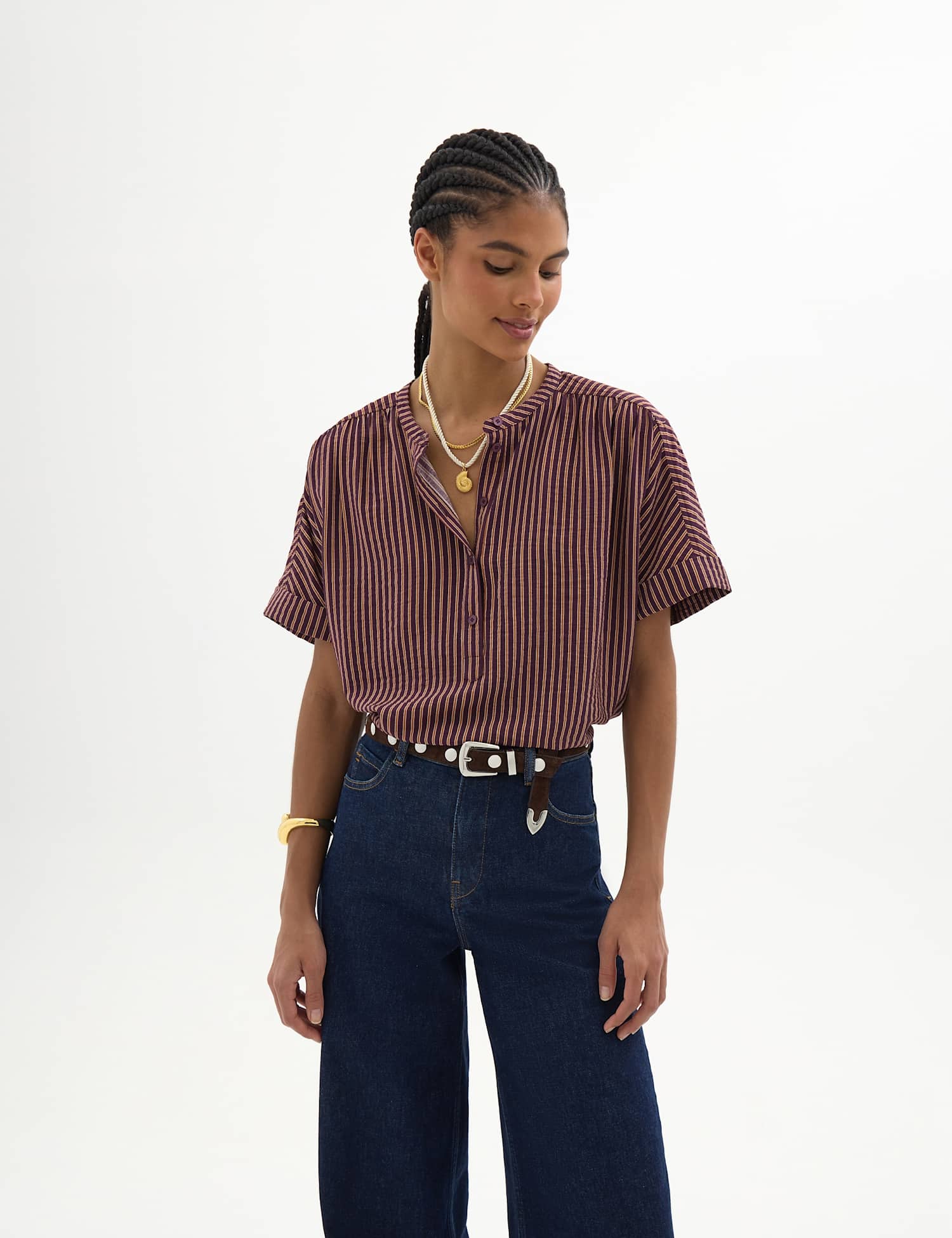 HUSH Striped Crew Neck Button Front Blouse Red Mix