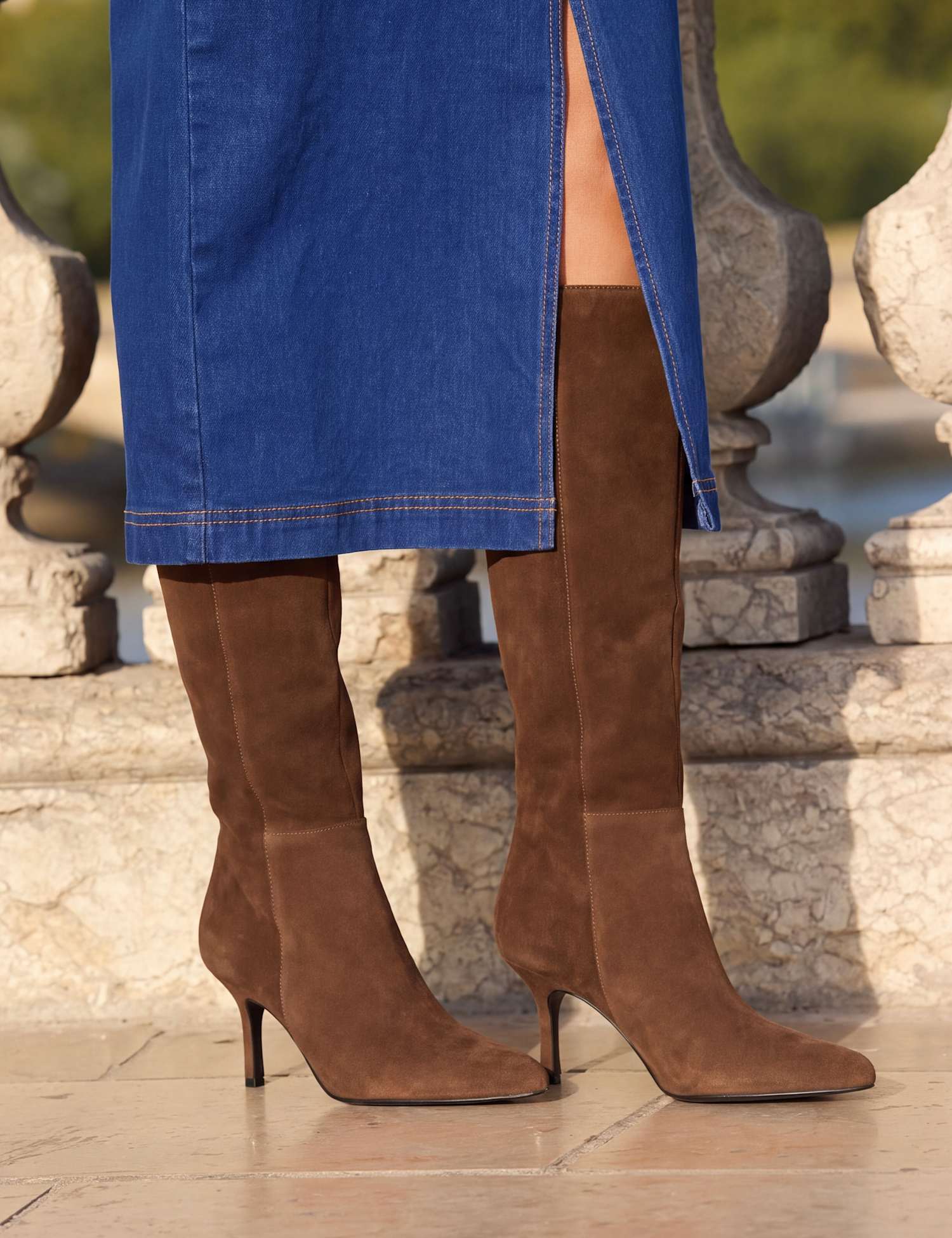 SOSANDAR Suede Stiletto Heel Knee High Boots Tan