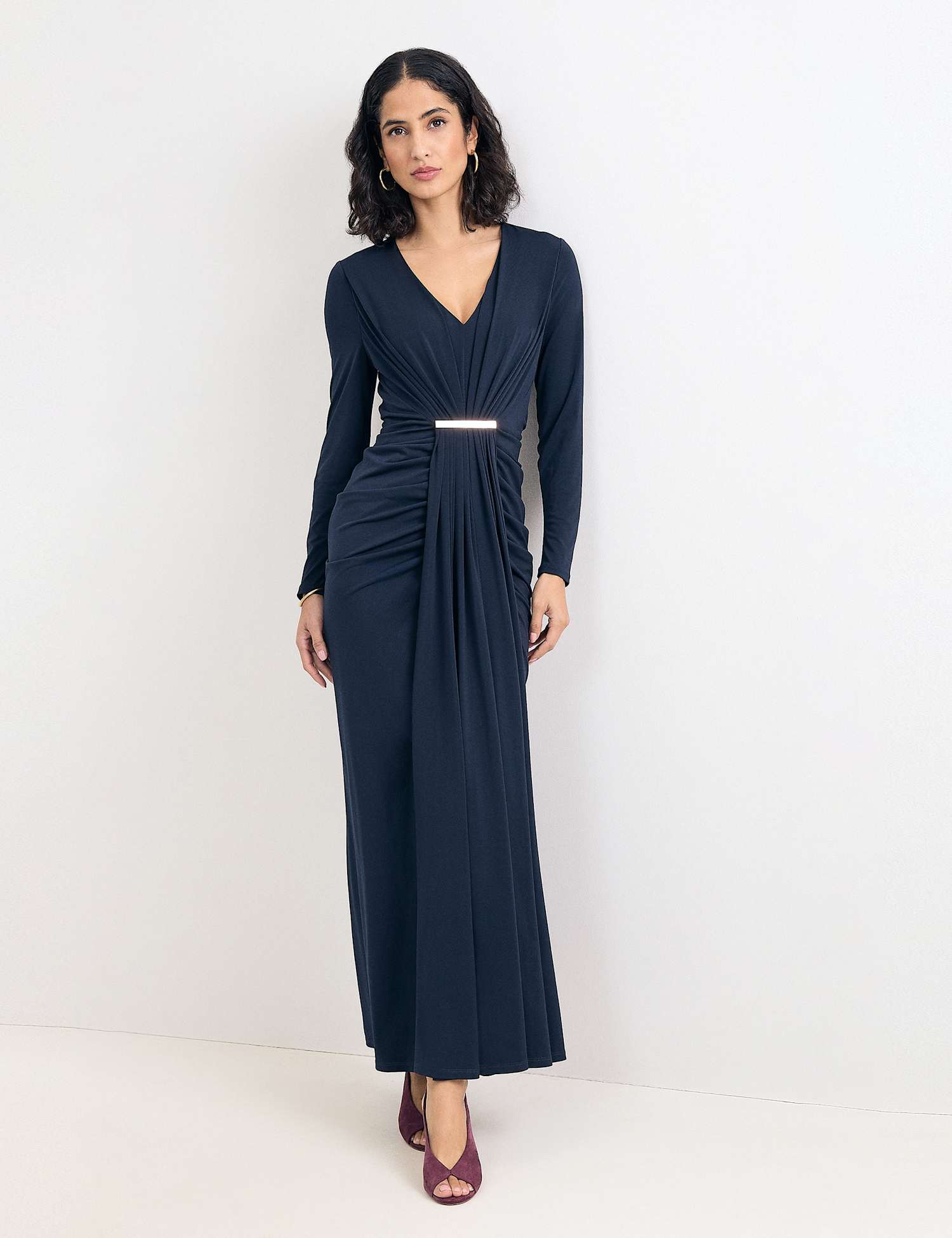 Phase Eight V Neck Ruched Zip Up Maxi Dress Navy