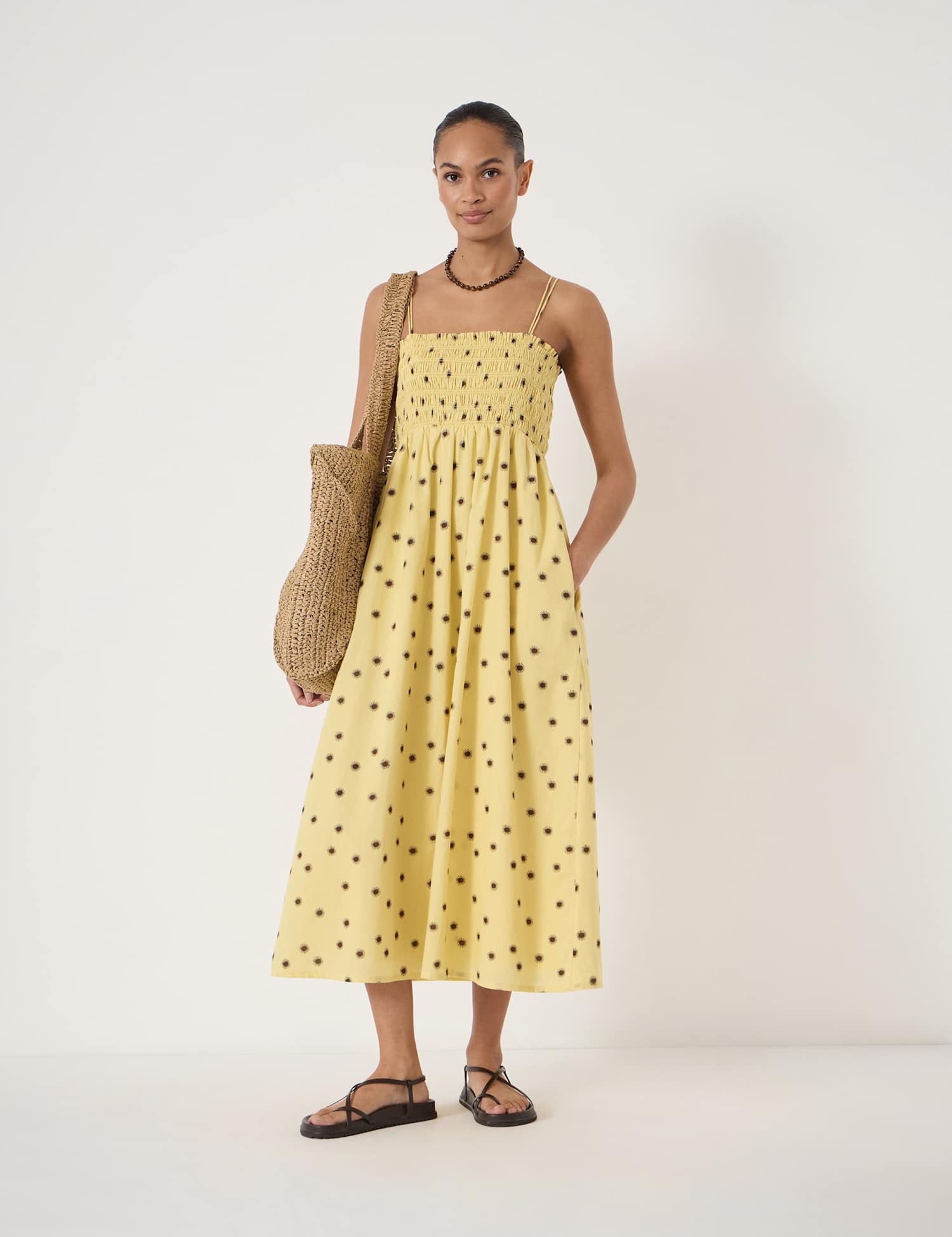 HUSH Pure Cotton Printed Square Neck Midaxi Dress Yellow Mix
