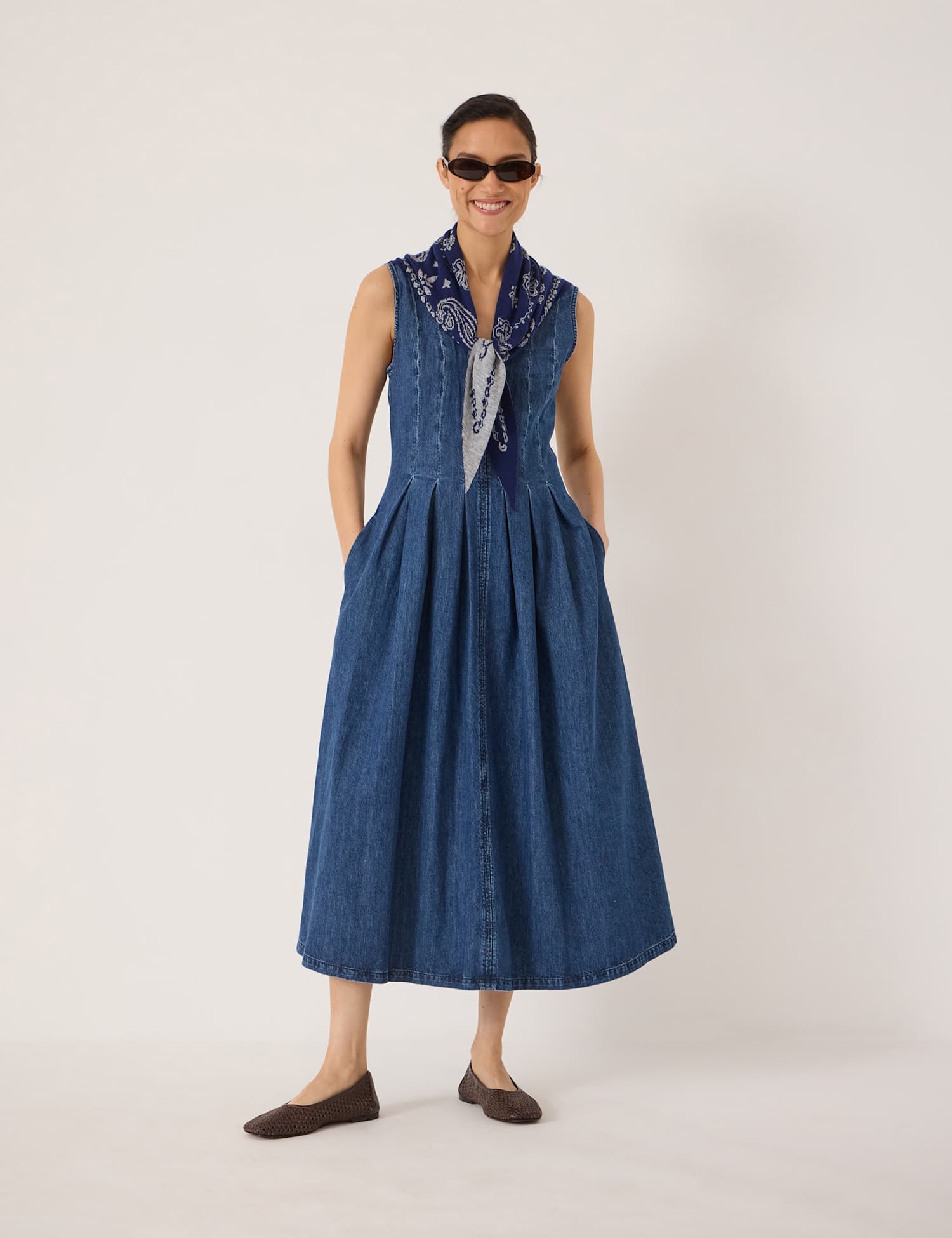 HUSH Denim V-Neck Pleated Midaxi Skater Dress Denim