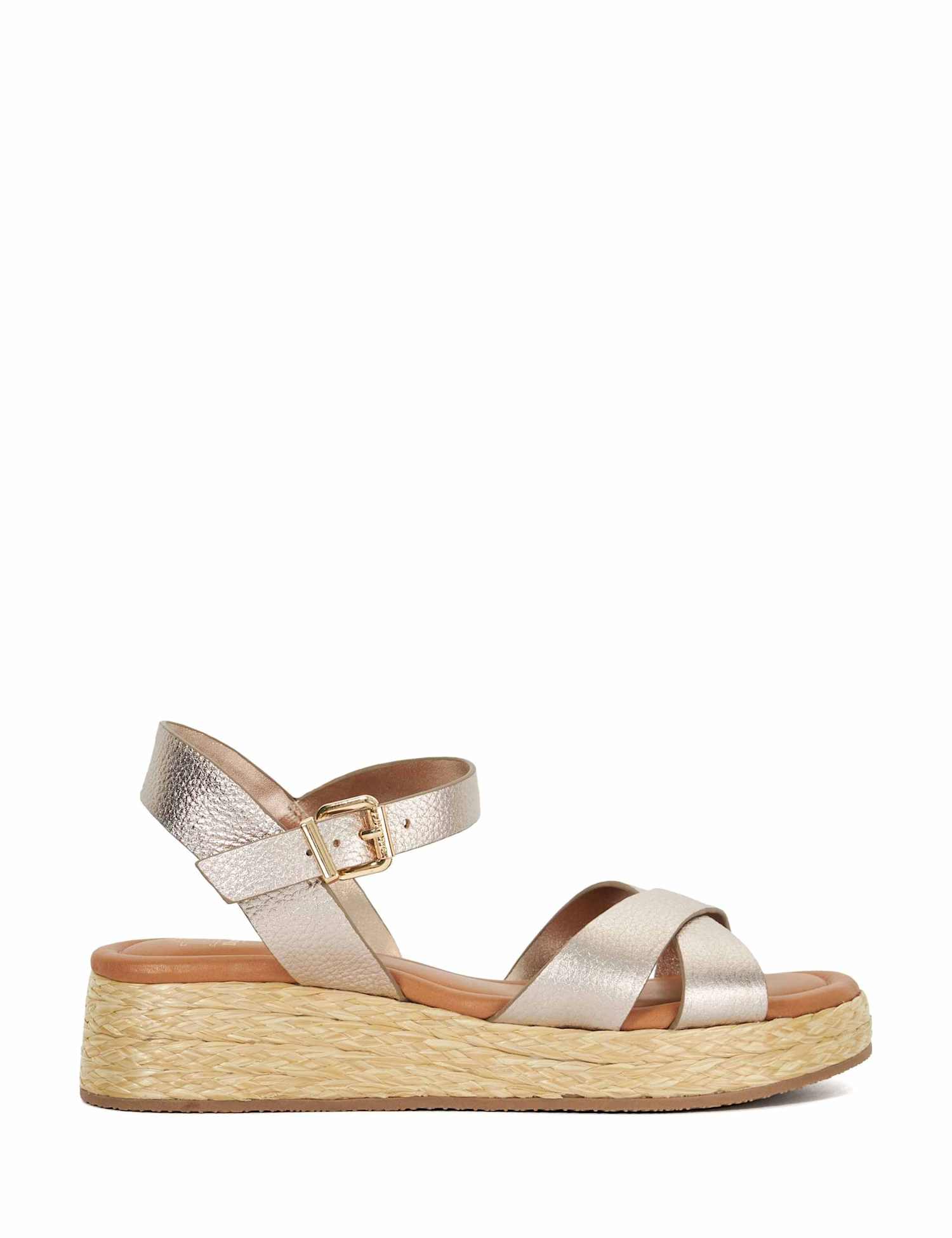 Dune London Leather Raffia Flatform Sandals Gold
