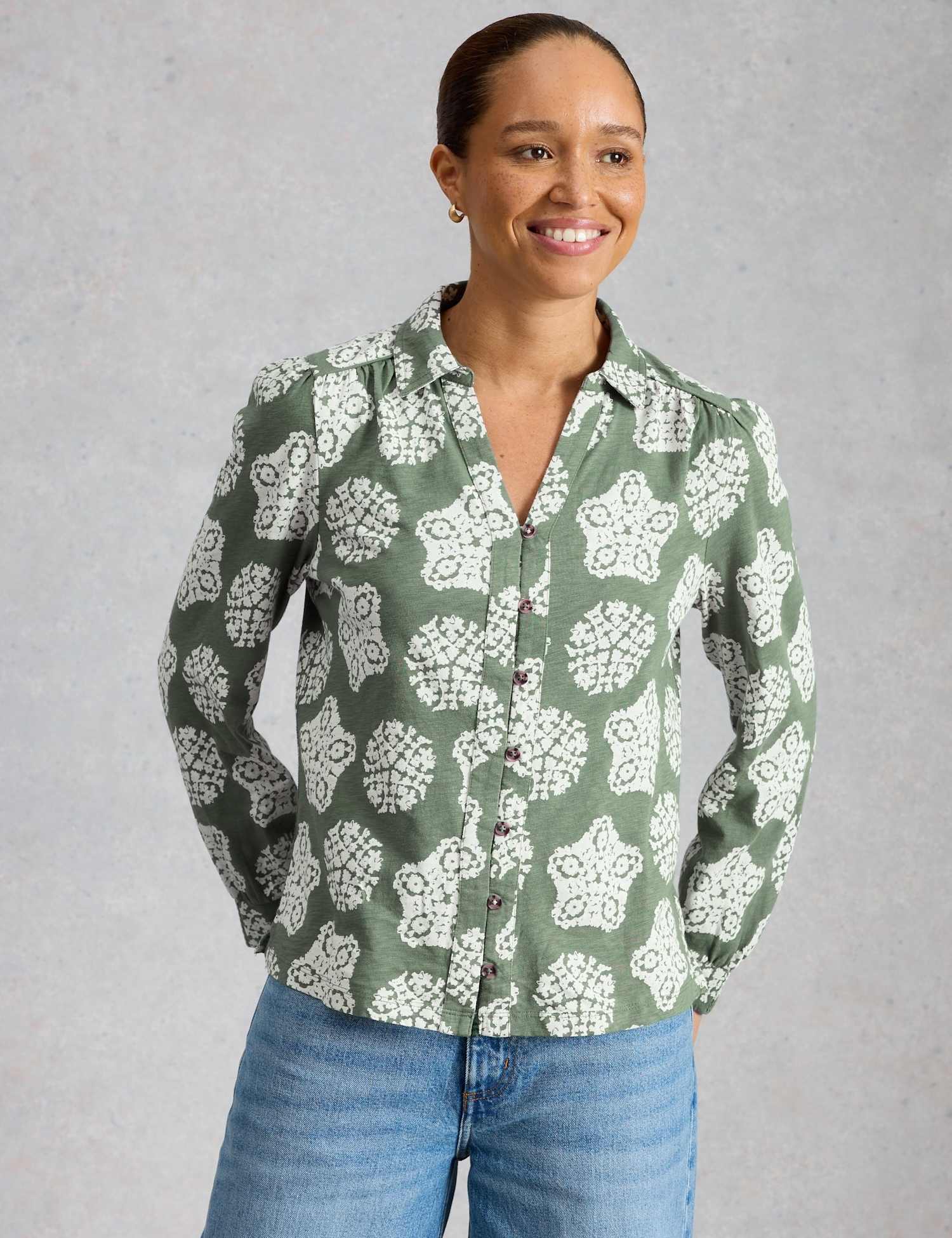 White Stuff Pure Cotton Printed Collared Notch Neck Blouse Green Mix