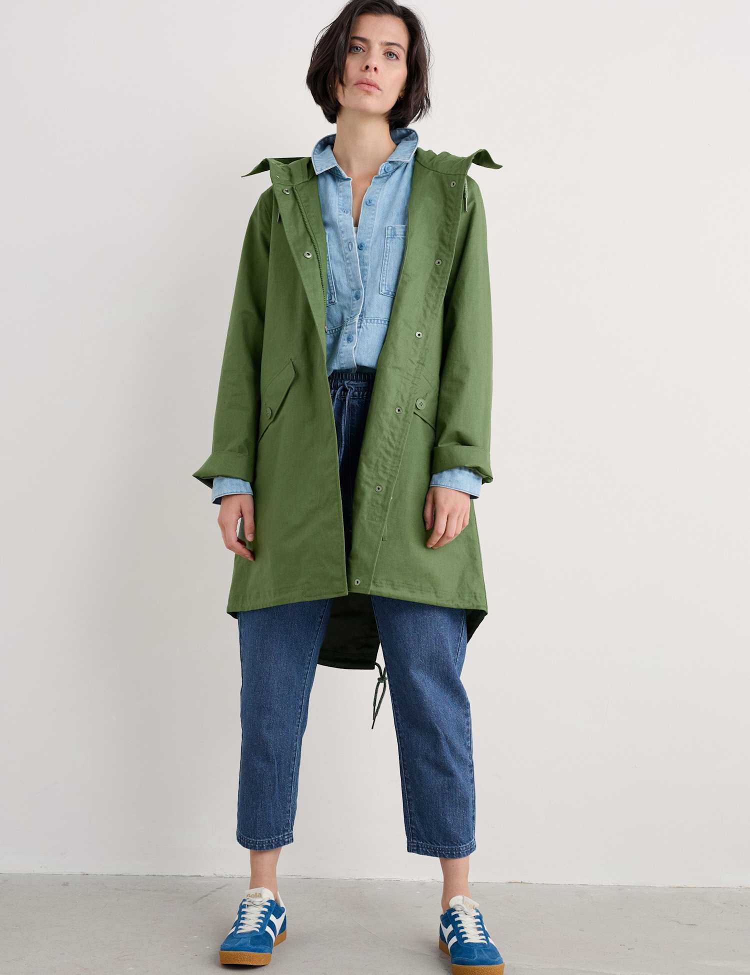 Seasalt Cornwall Linen Rich Waterproof Hooded Longline Coat Green