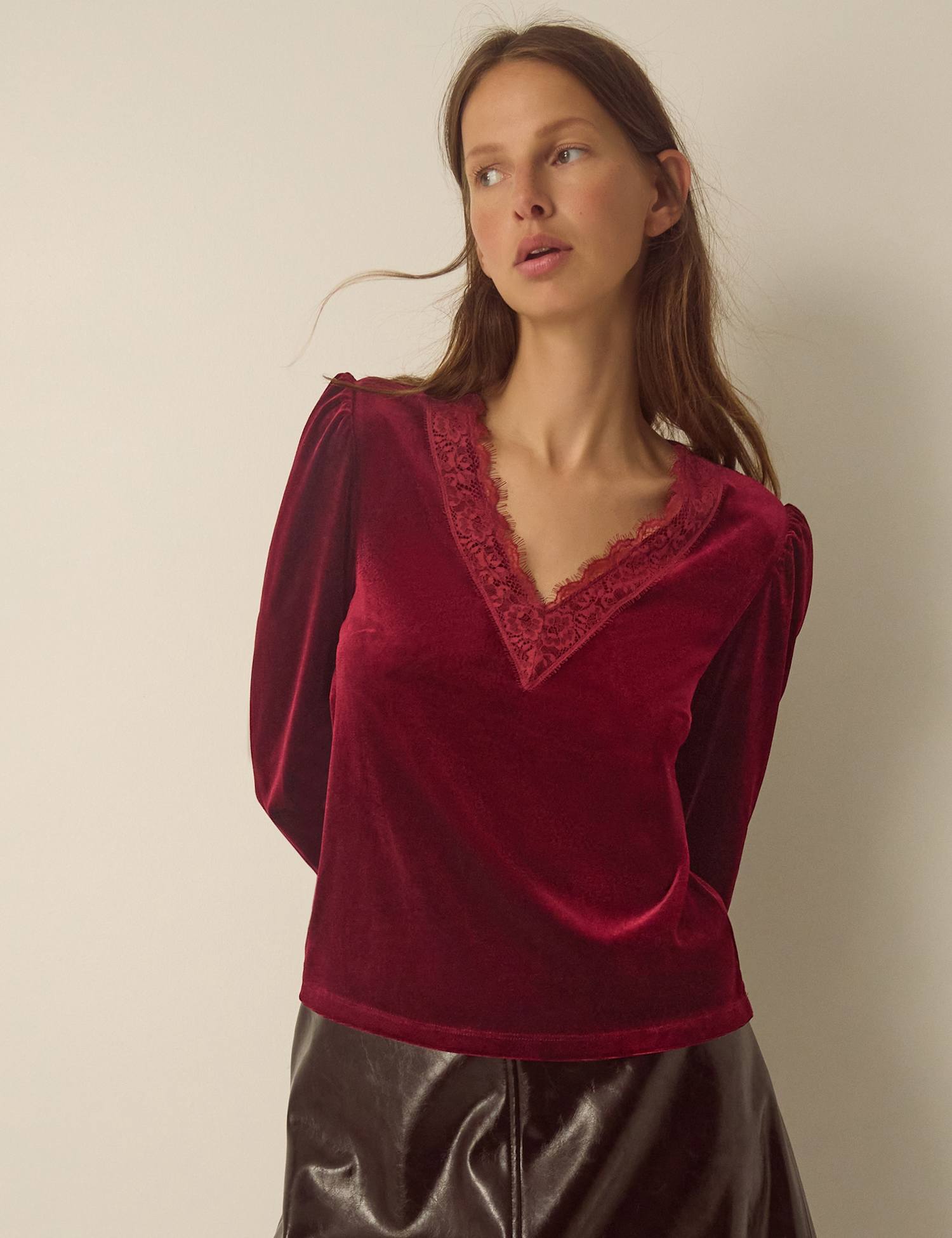 Monsoon Velvet Lace V Neck Top Burgundy