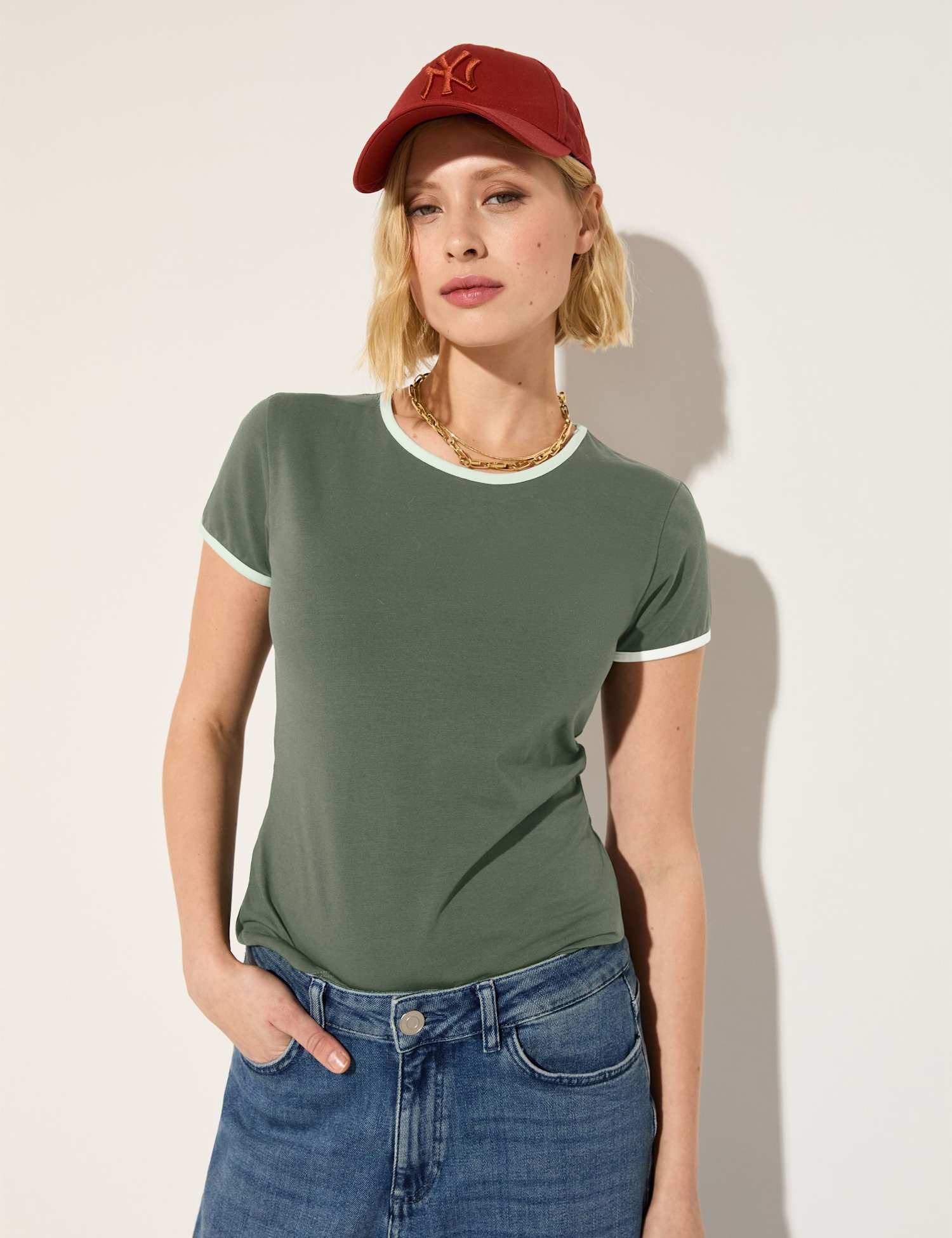 BAUKJEN Cotton Rich Fitted Ringer Tee Khaki Mix