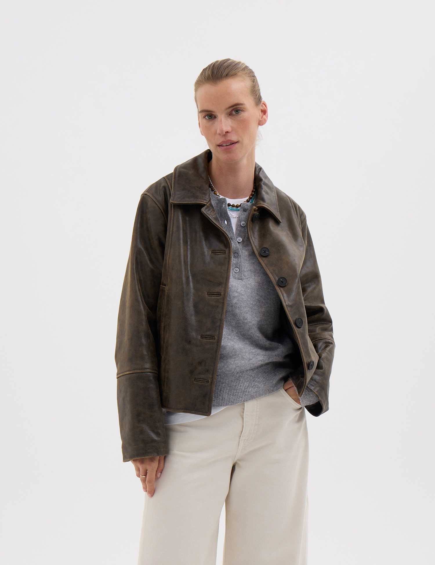 HUSH Leather Distressed Oversized Short Jacket Medium Brown