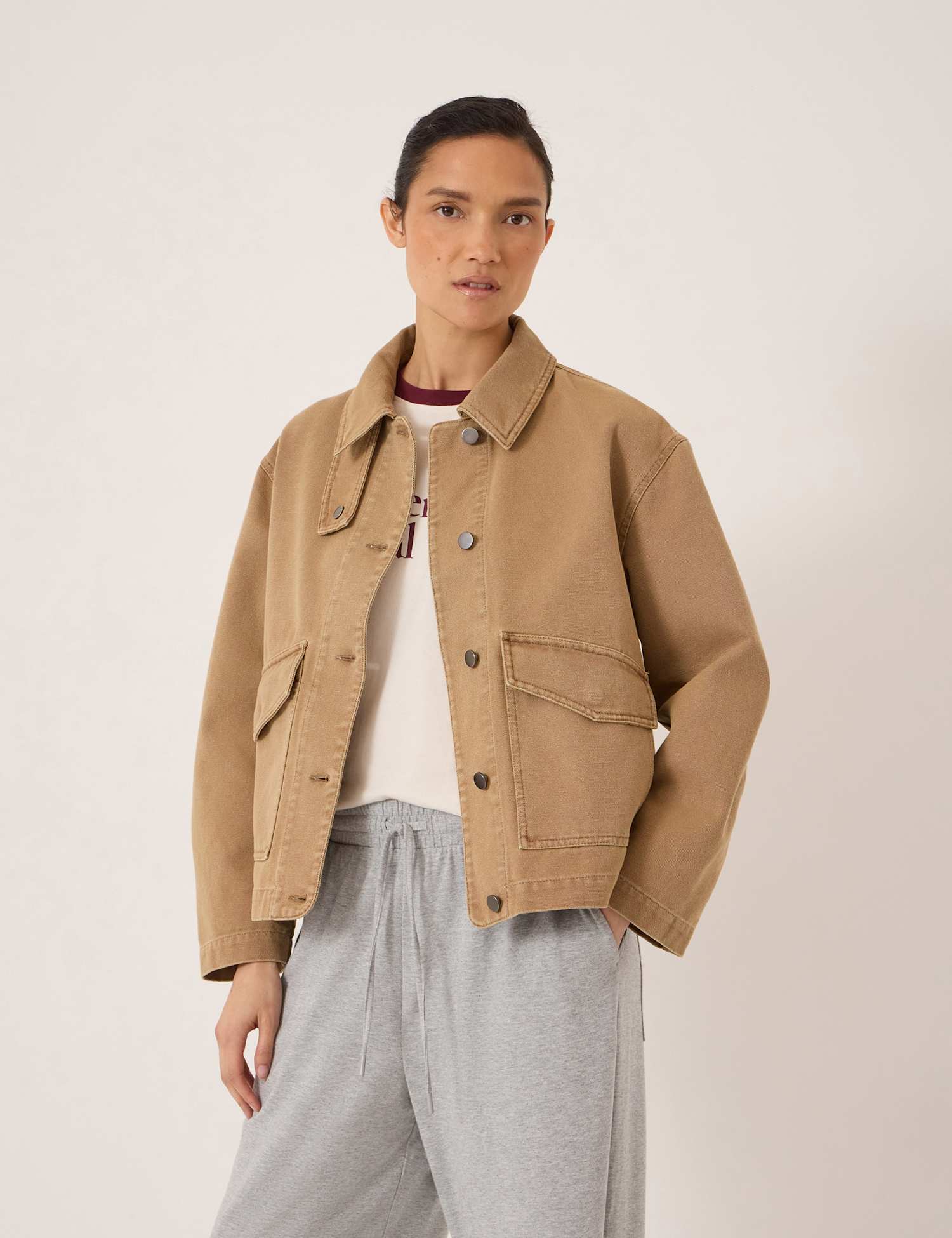 HUSH Pure Cotton Funnel Neck Utility Jacket Stone