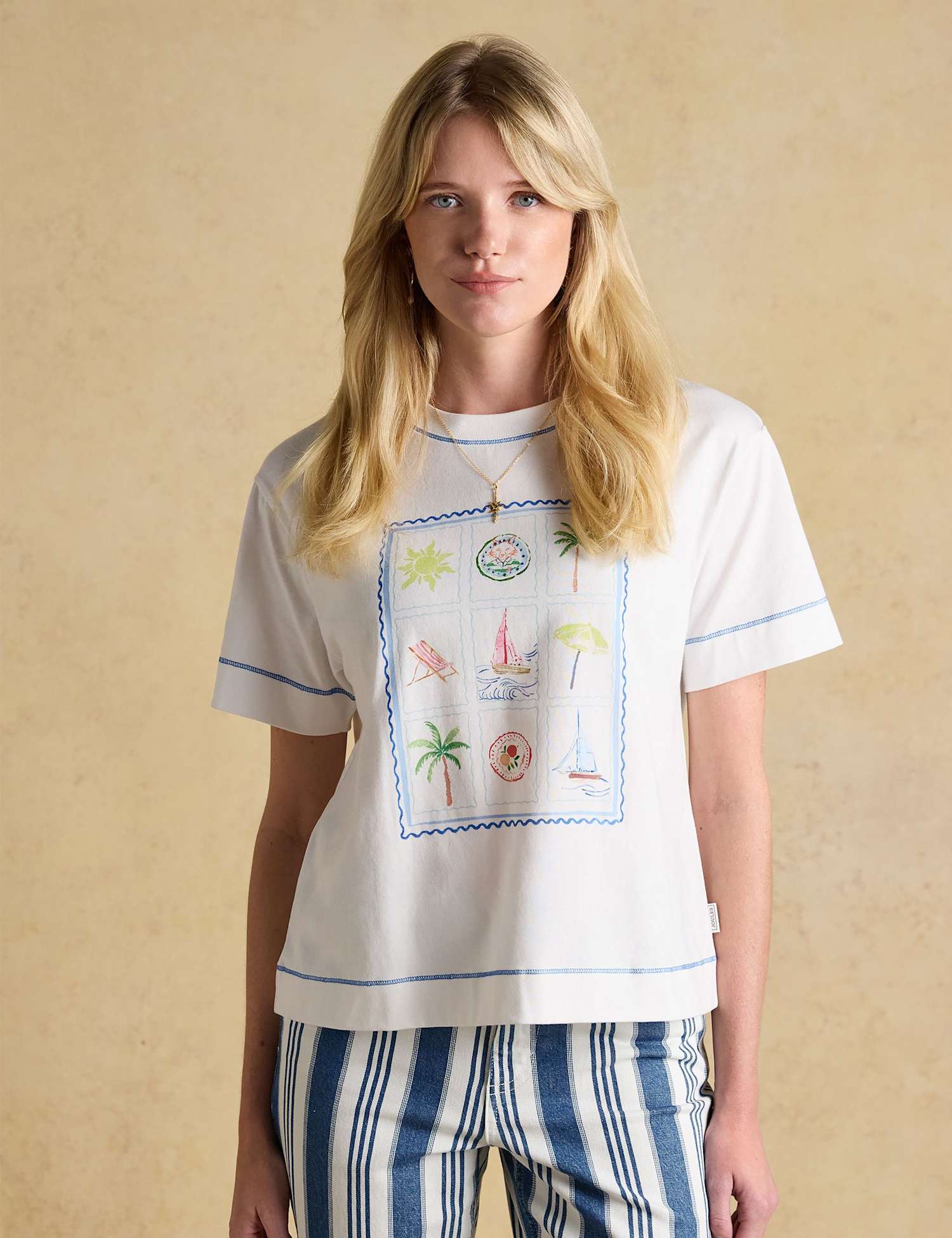 Joules Pure Cotton Postcard Graphic T-Shirt White Mix