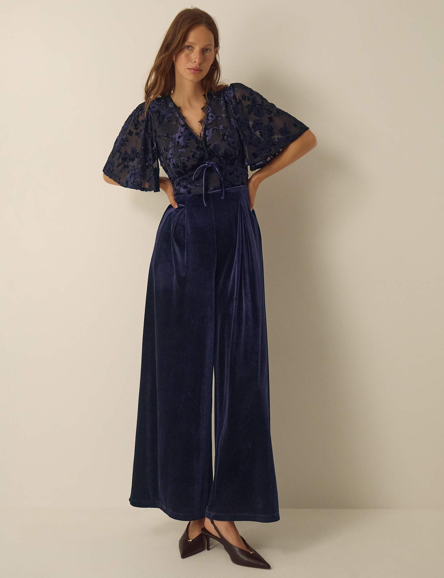 Monsoon Devore V Neck Jumpsuit Navy