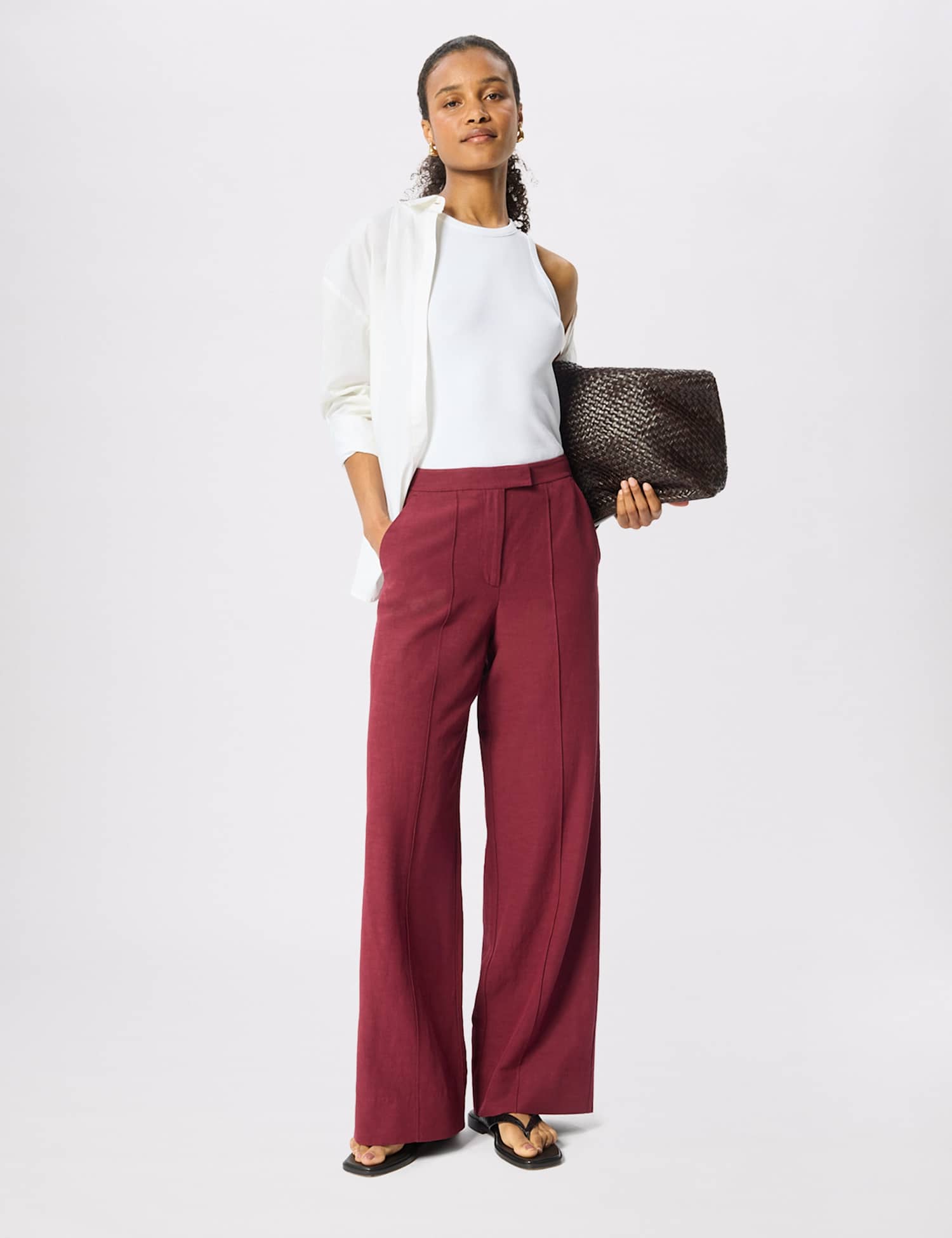 Whistles Pintuck Straight Leg Trousers Burgundy