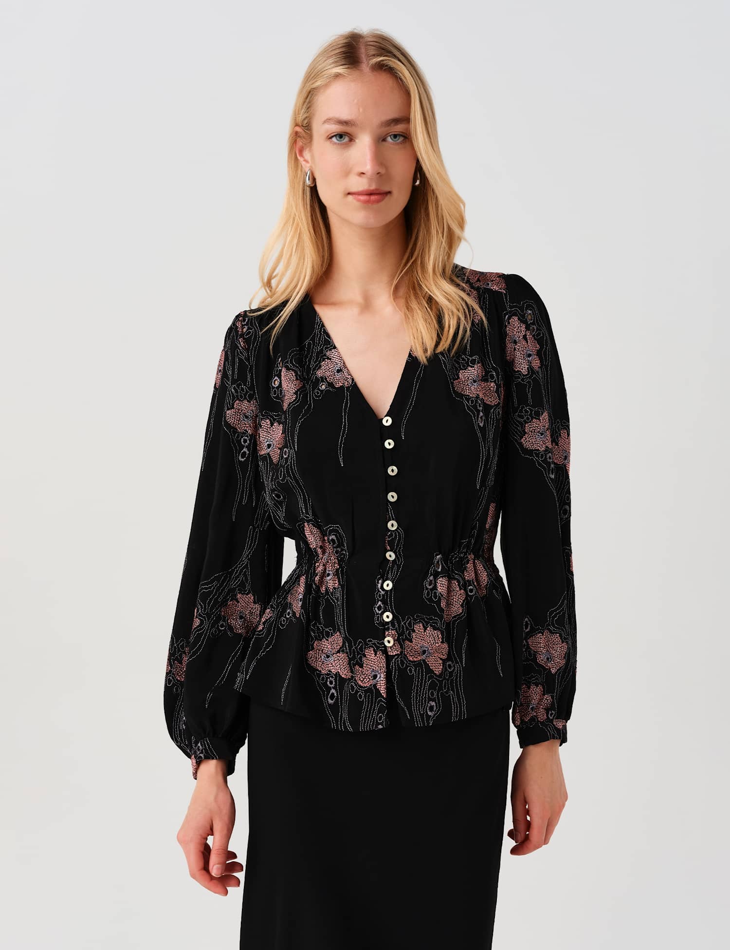 Ghost Crepe Embroidered V-Neck Button Through Blouse Black Mix