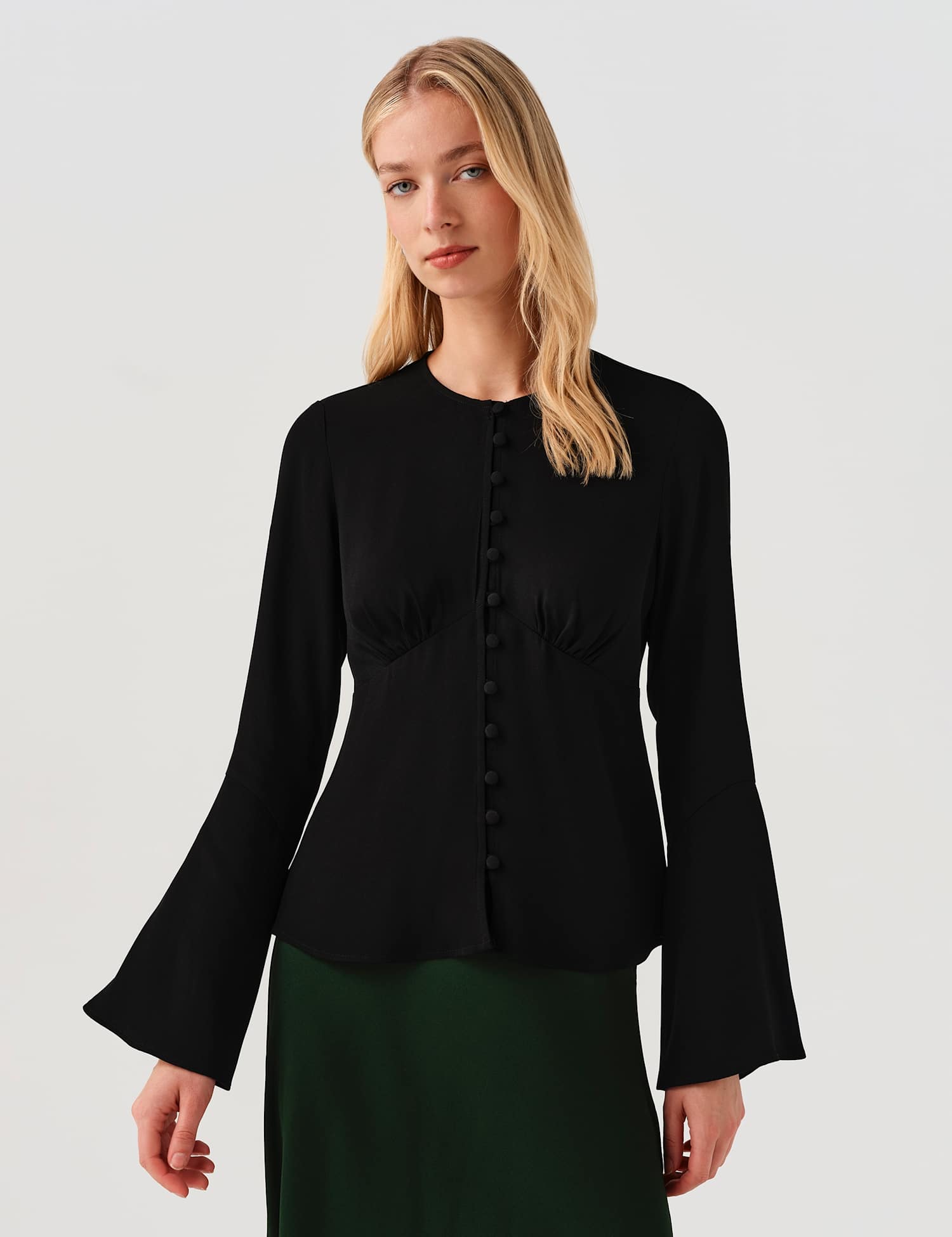 Ghost Round Neck Button Long Sleeve Blouse Black