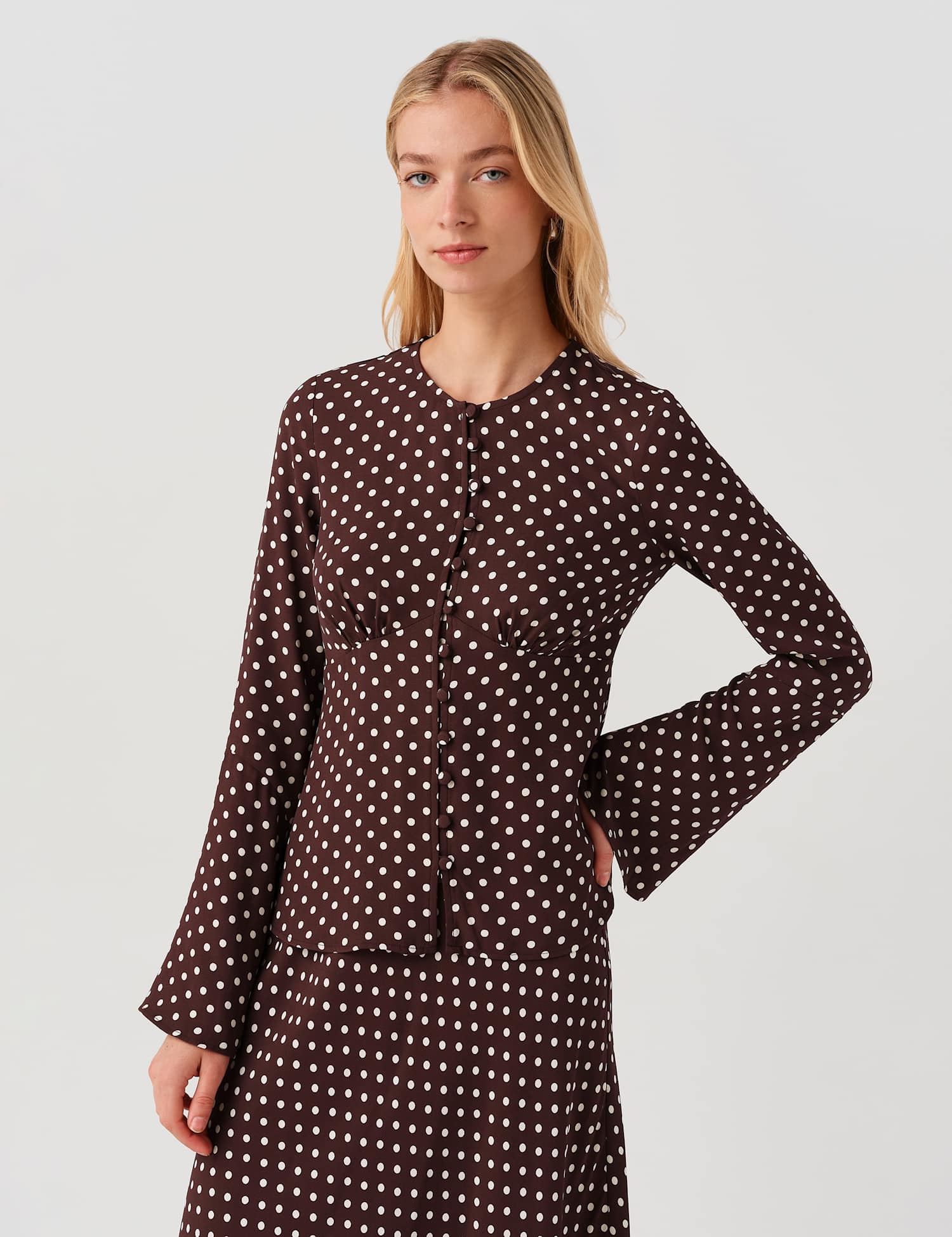 Ghost V Neck Polka Dot Long Sleeve Blouse Burgundy Mix