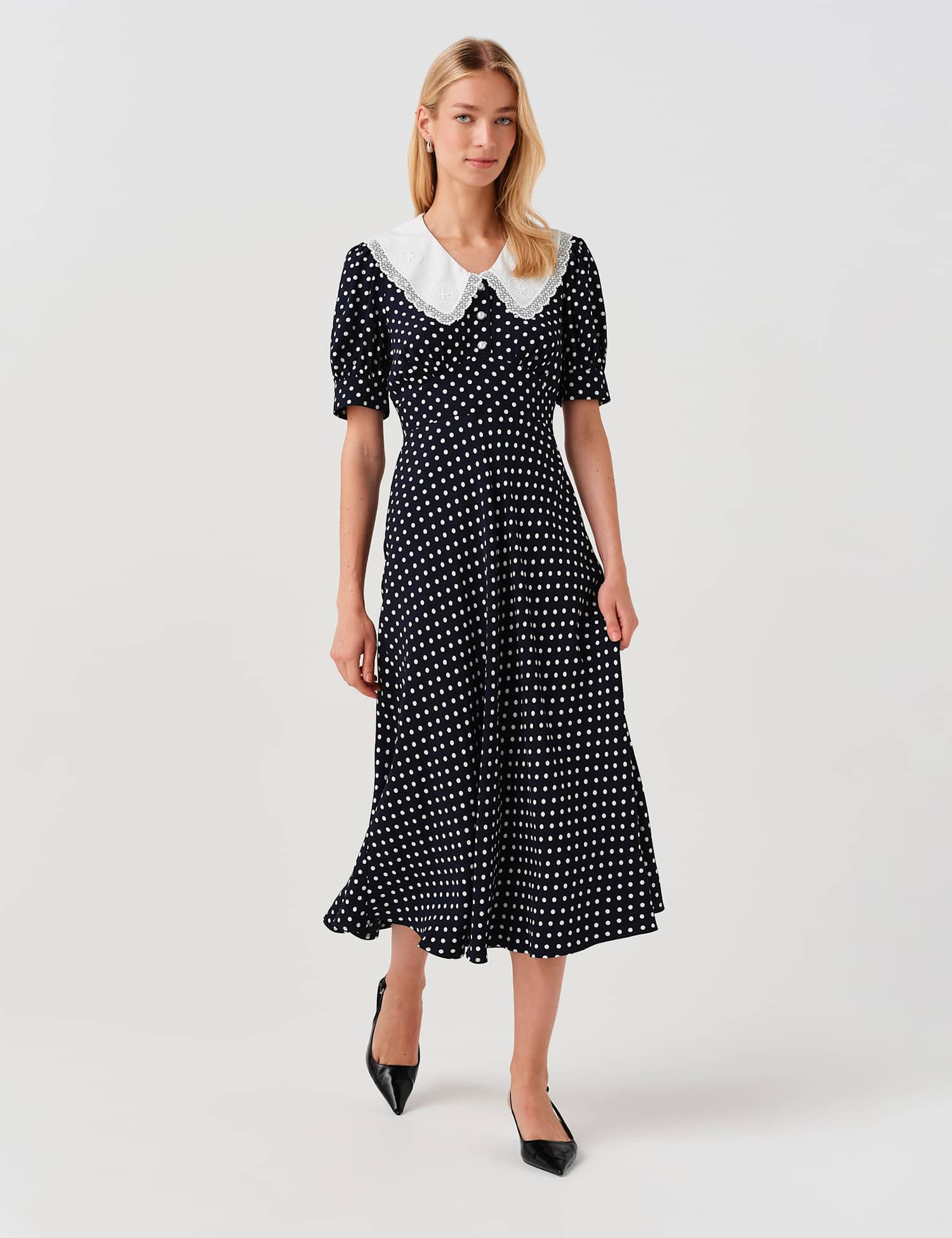 Ghost Crepe Polka Dot Midi Waisted Dress Navy Mix