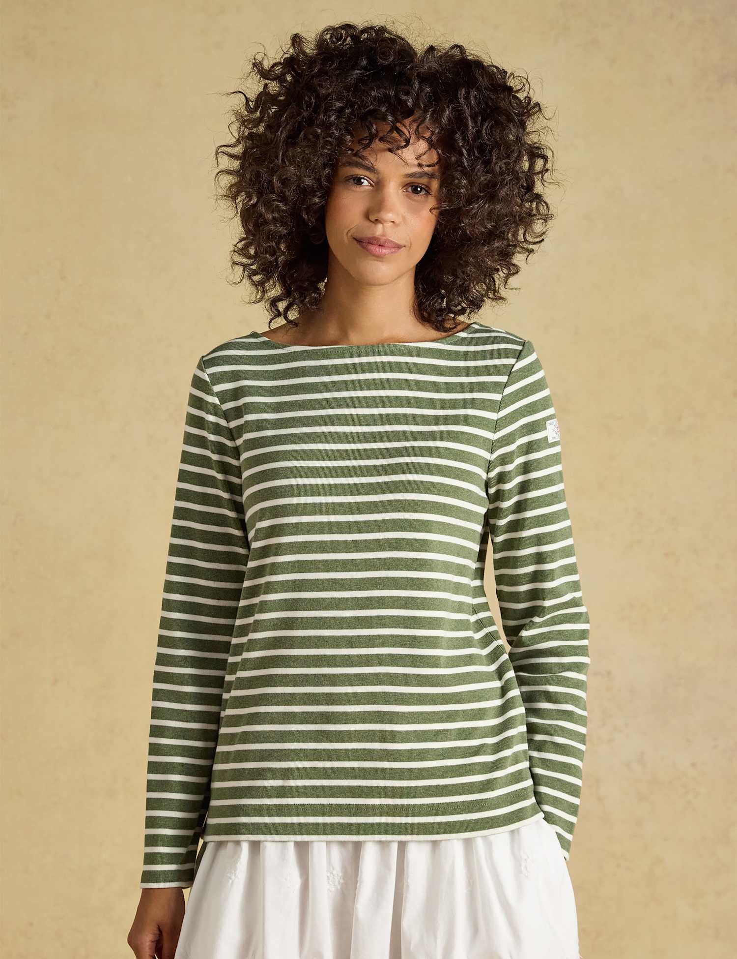Joules Pure Cotton Striped Slash Neck Top Khaki Mix