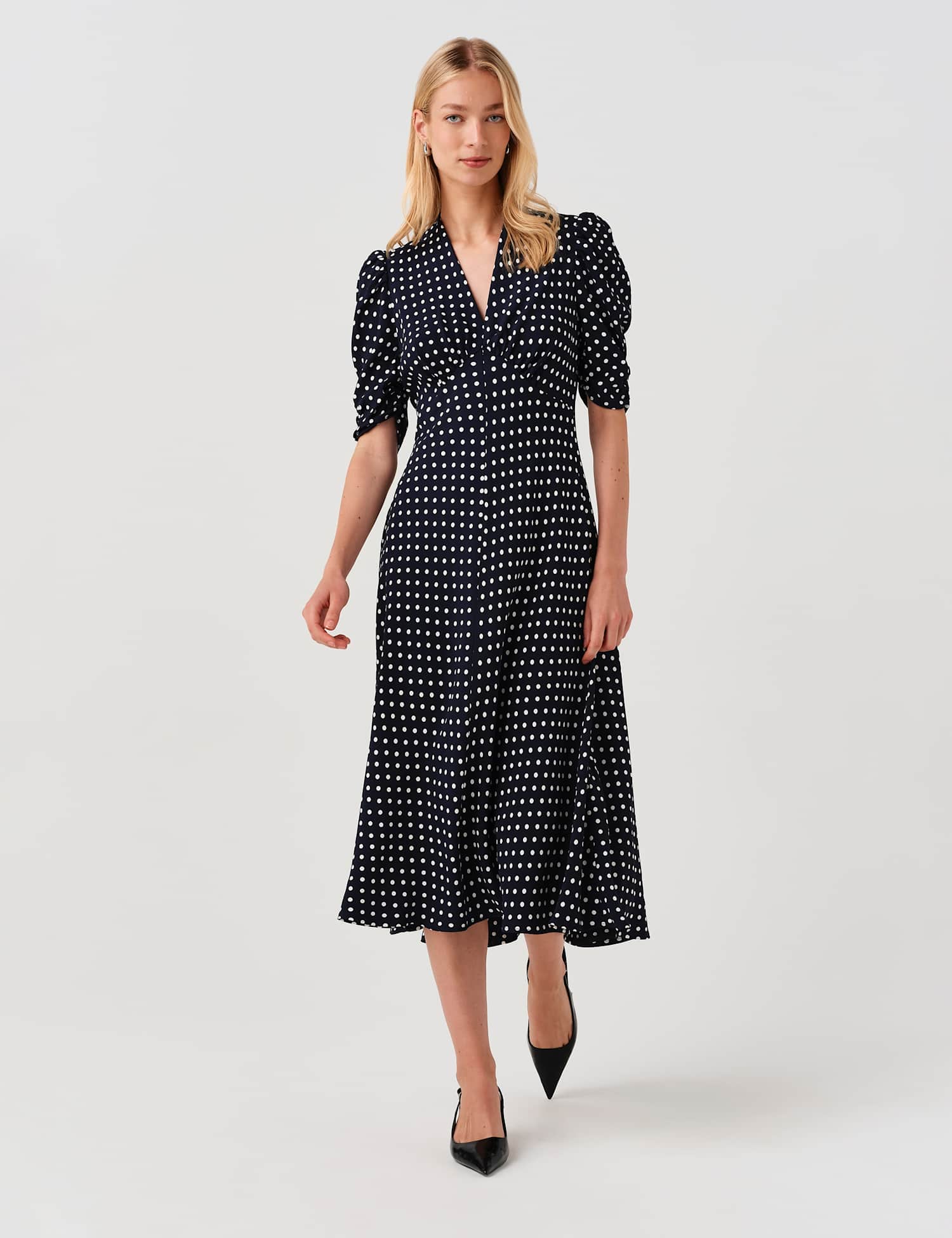 Ghost Polka Dot V-Neck Midi Tea Dress Navy Mix